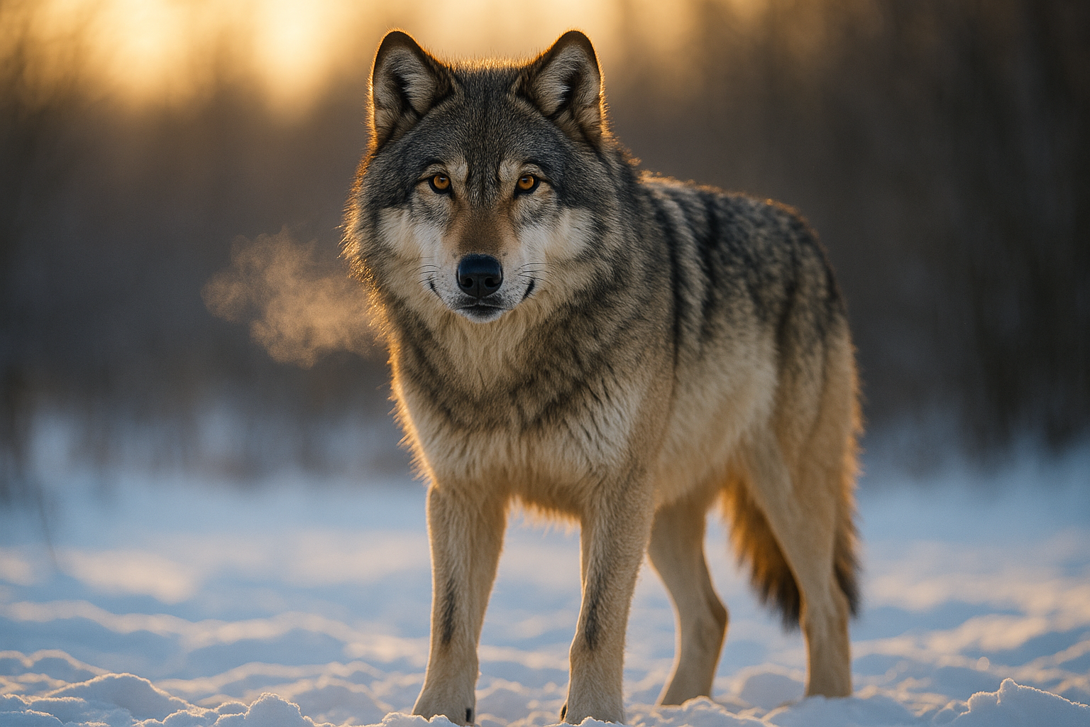 Un lobo gris majestuoso de pie en la
nieve, con su pelaje grueso y detallado
reflejando la luz del amanecer. Cada
hebra de pelo visible, sus ojos ámbar
observando con intensidad, su aliento
cálido visible en el aire helado.
Capturado con una cámara profesional
de naturaleza salvaje, lente teleobjetivo
de 600mm, fotorrealismo extremo,
texturas ultradetalladas, profundidad
de campo realista, luz natural dinámica,
indistinguible de una fotografía real.
