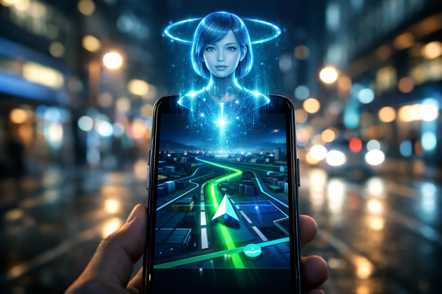 Google Maps avec interface IA Gemini sur smartphone dans une ville moderne