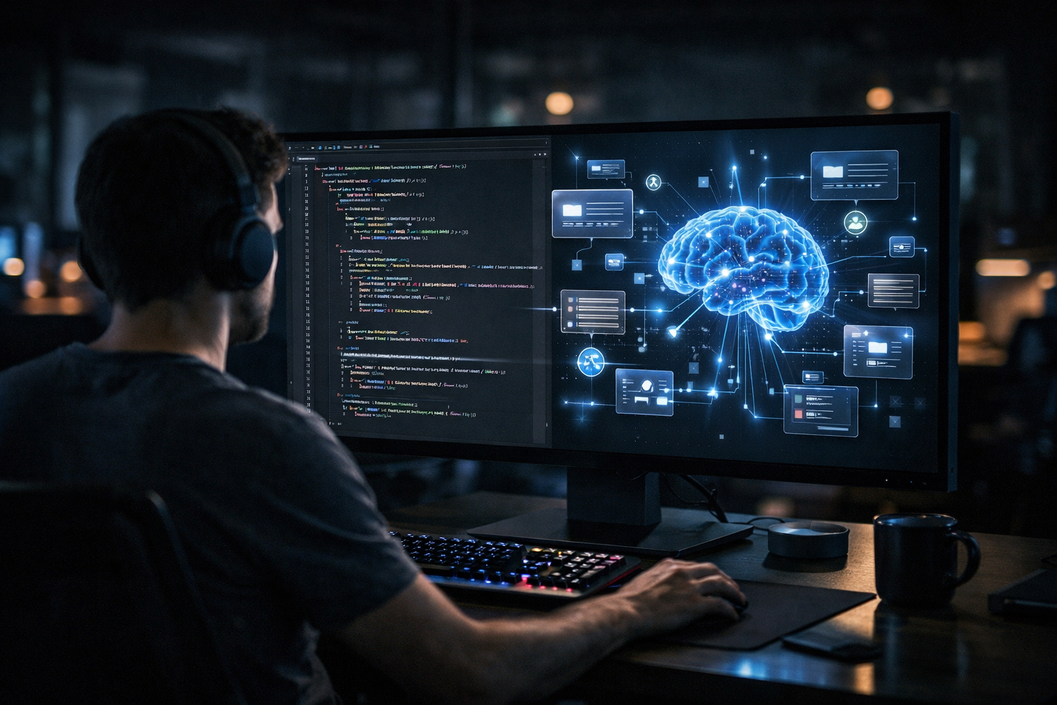 Développeur travaillant avec IA sur un grand codebase, écrans lumineux