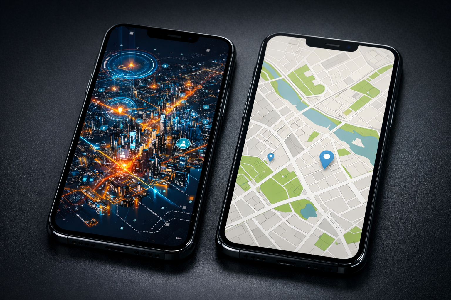 Deux smartphones comparant les interfaces Google Maps et Apple Maps