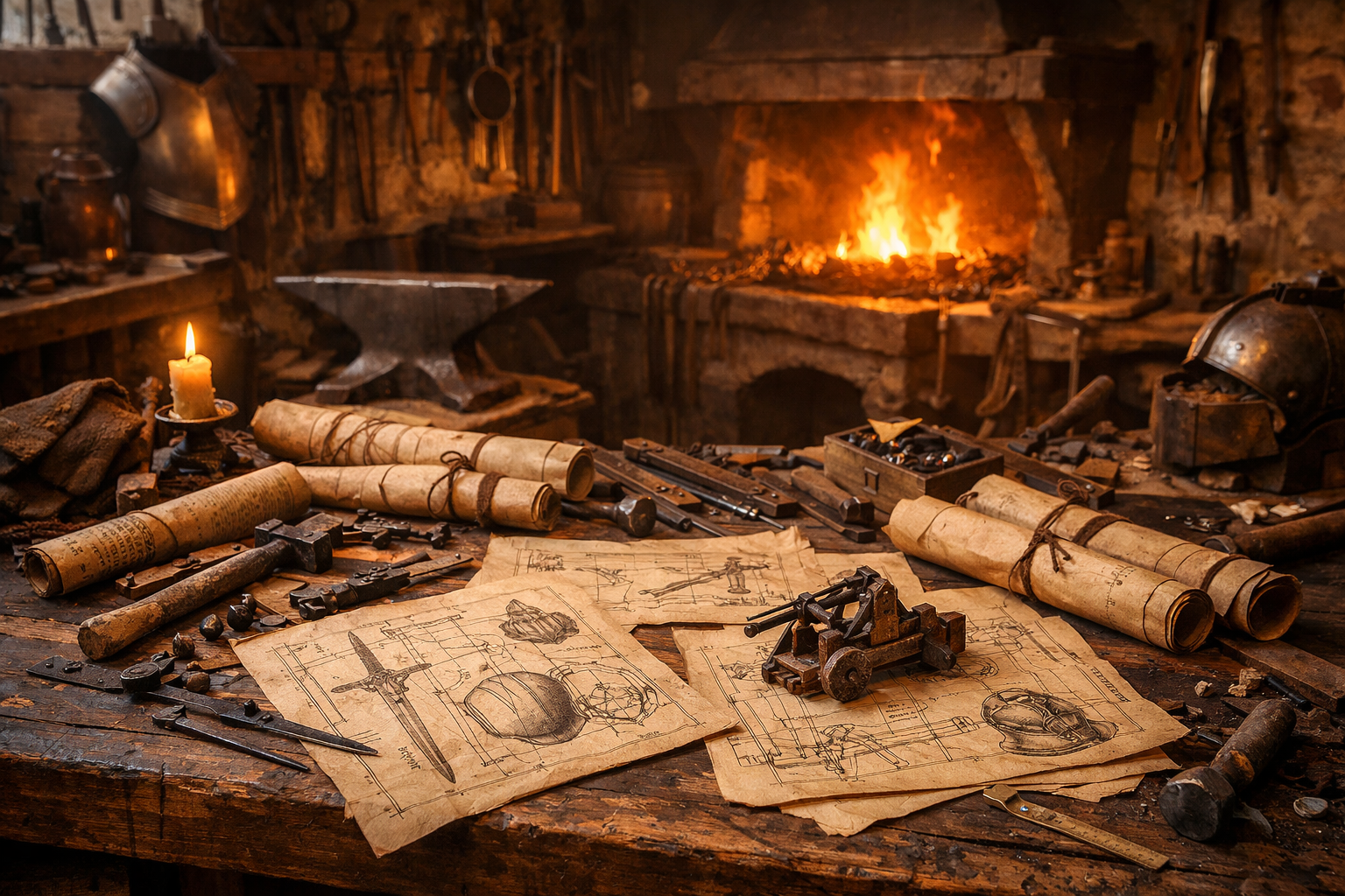 Atelier de forge médiéval avec des plans et outils sur un établi, ambiance de travail en cours