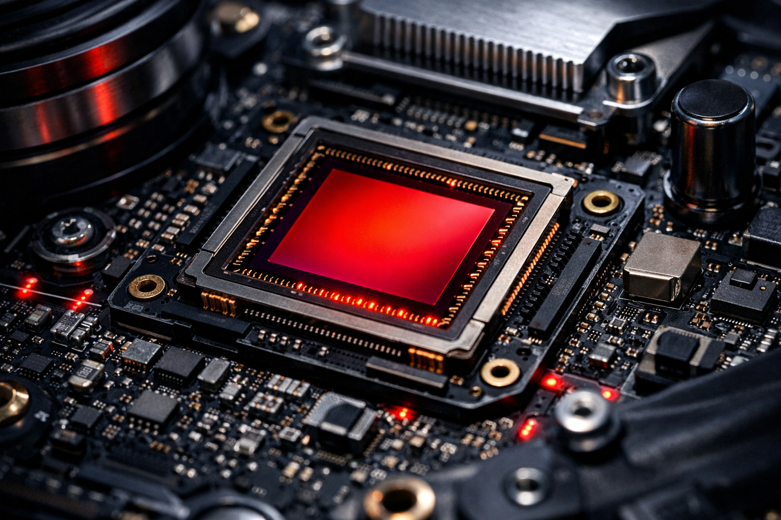 Close-up of an automotive chip and a camera with a red glow indicating Tesla FSD Hardware 4