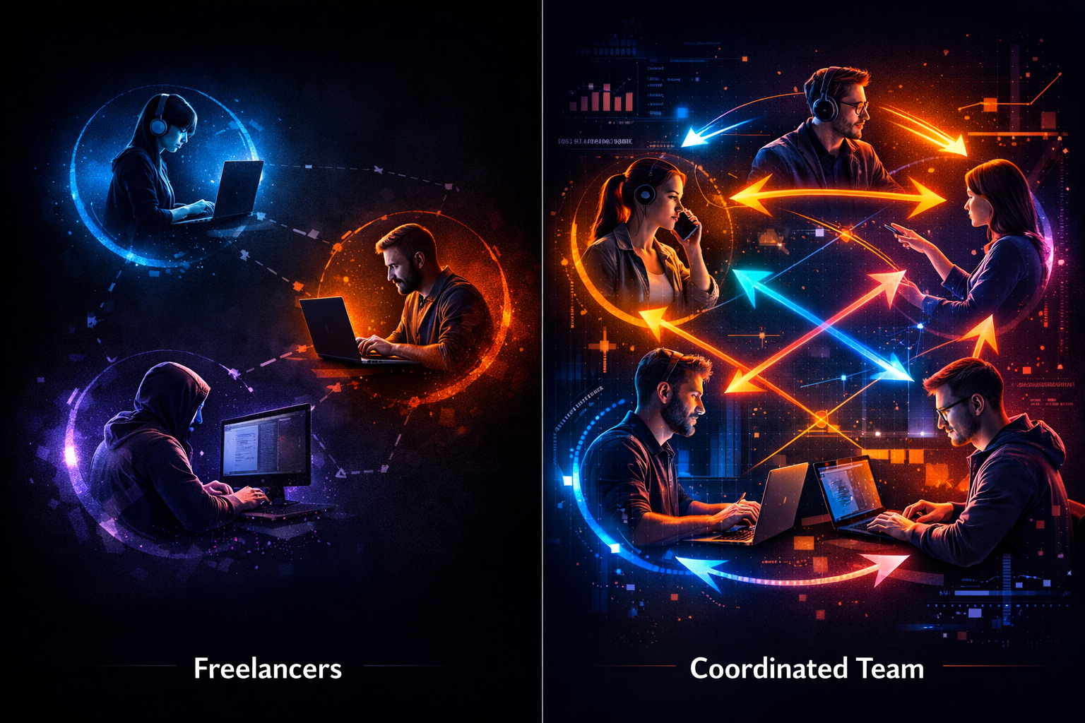 Comparaison visuelle entre des agents isolés et une équipe coordonnée avec communication bidirectionnelle