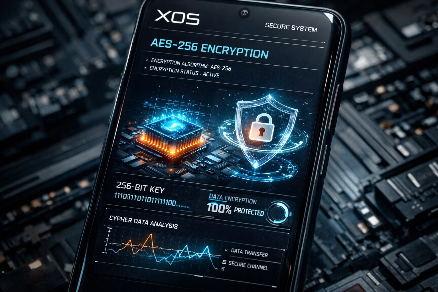 Interface XOS système d'exploitation Tesla avec chiffrement AES-256 et Neural Core