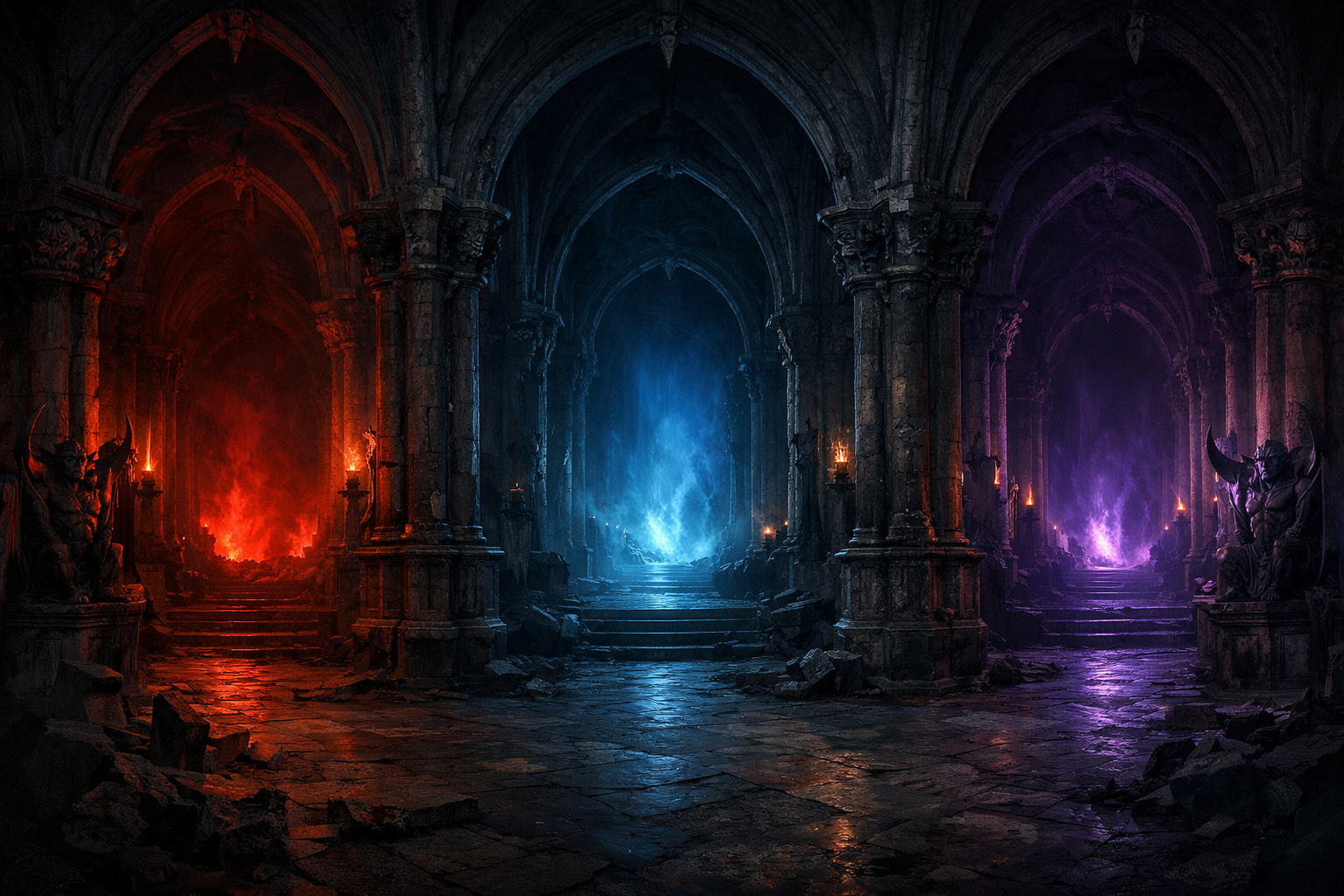 L'intérieur gothique du Temple des Premiers avec trois couloirs éclairés par différentes énergies démoniaques