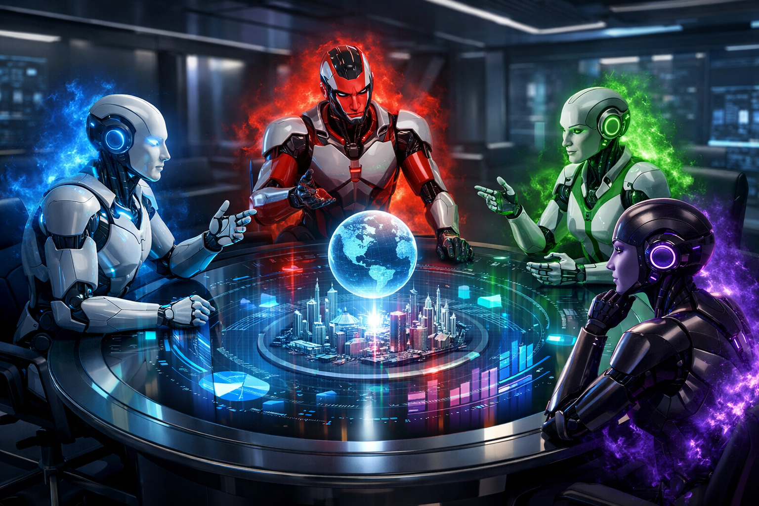 Quatre agents IA spécialisés débattant autour d'une table holographique