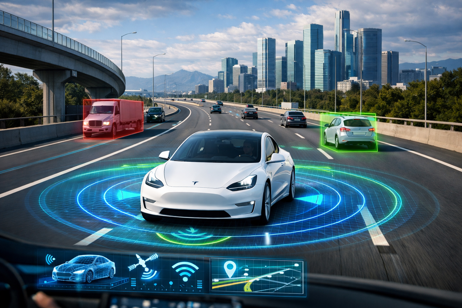 Voiture Tesla en mode conduite autonome sur une route moderne