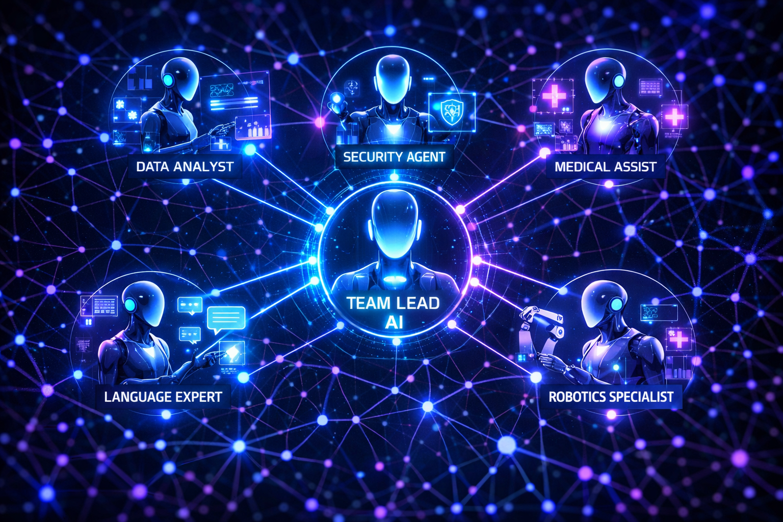 Schéma conceptuel des Agent Teams avec un nœud central connecté à plusieurs agents spécialisés