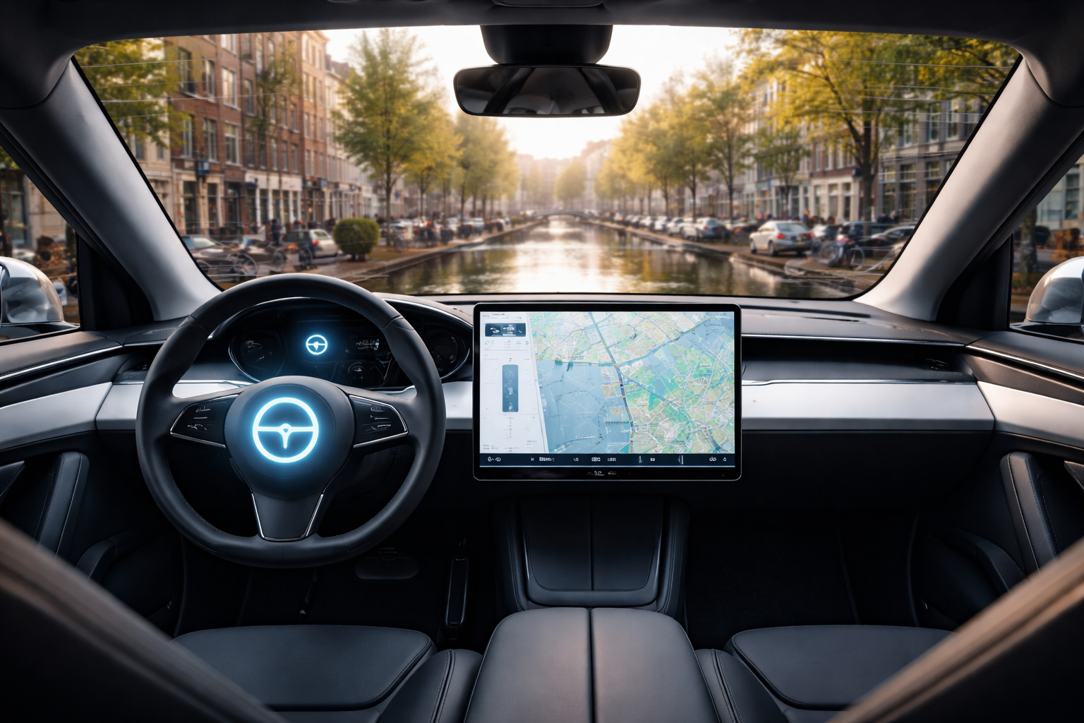 Intérieur d'une Tesla en conduite autonome à Amsterdam