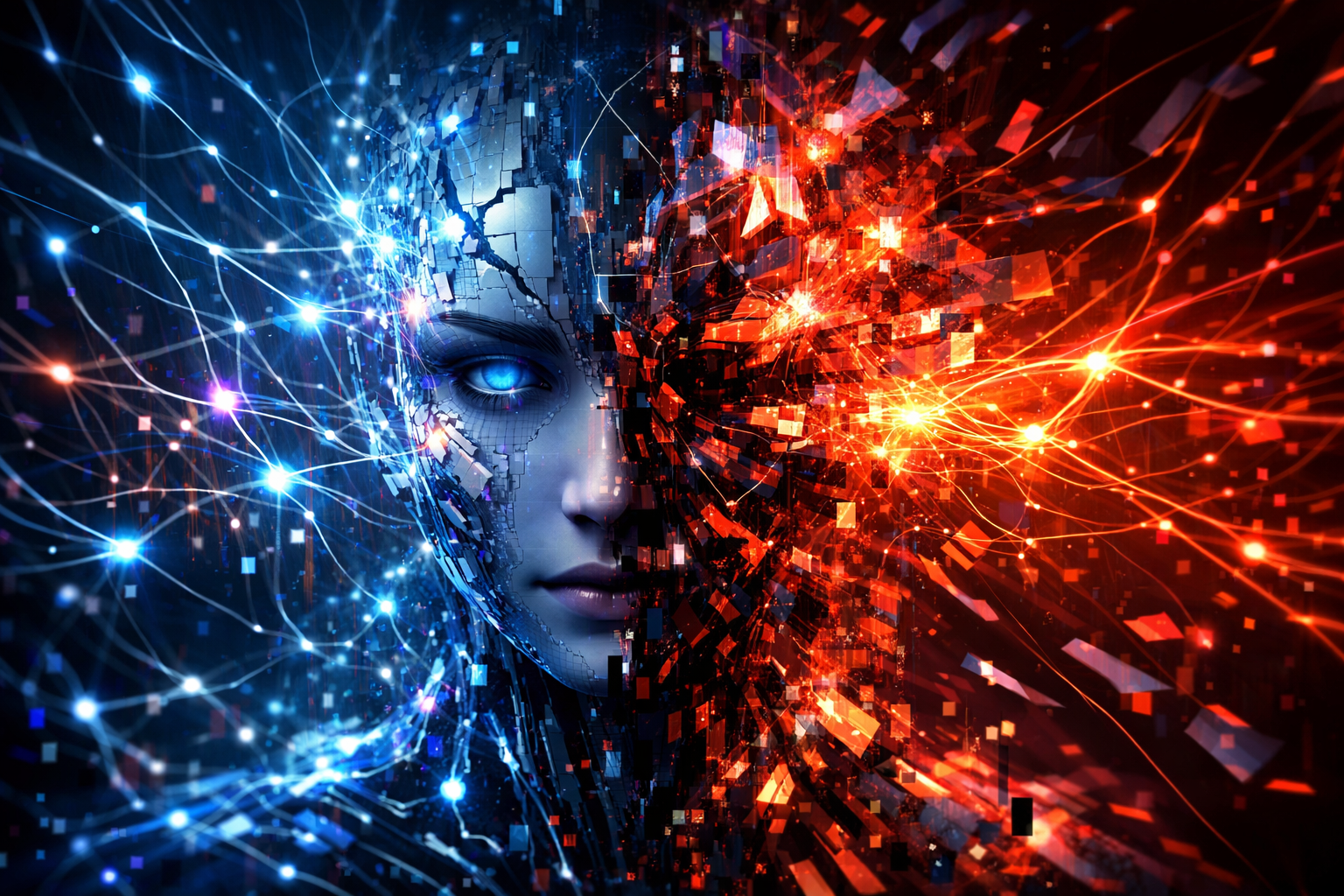 Visualisation abstraite de la dérive de personnalité des IA avec des connexions neuronales qui changent de couleur