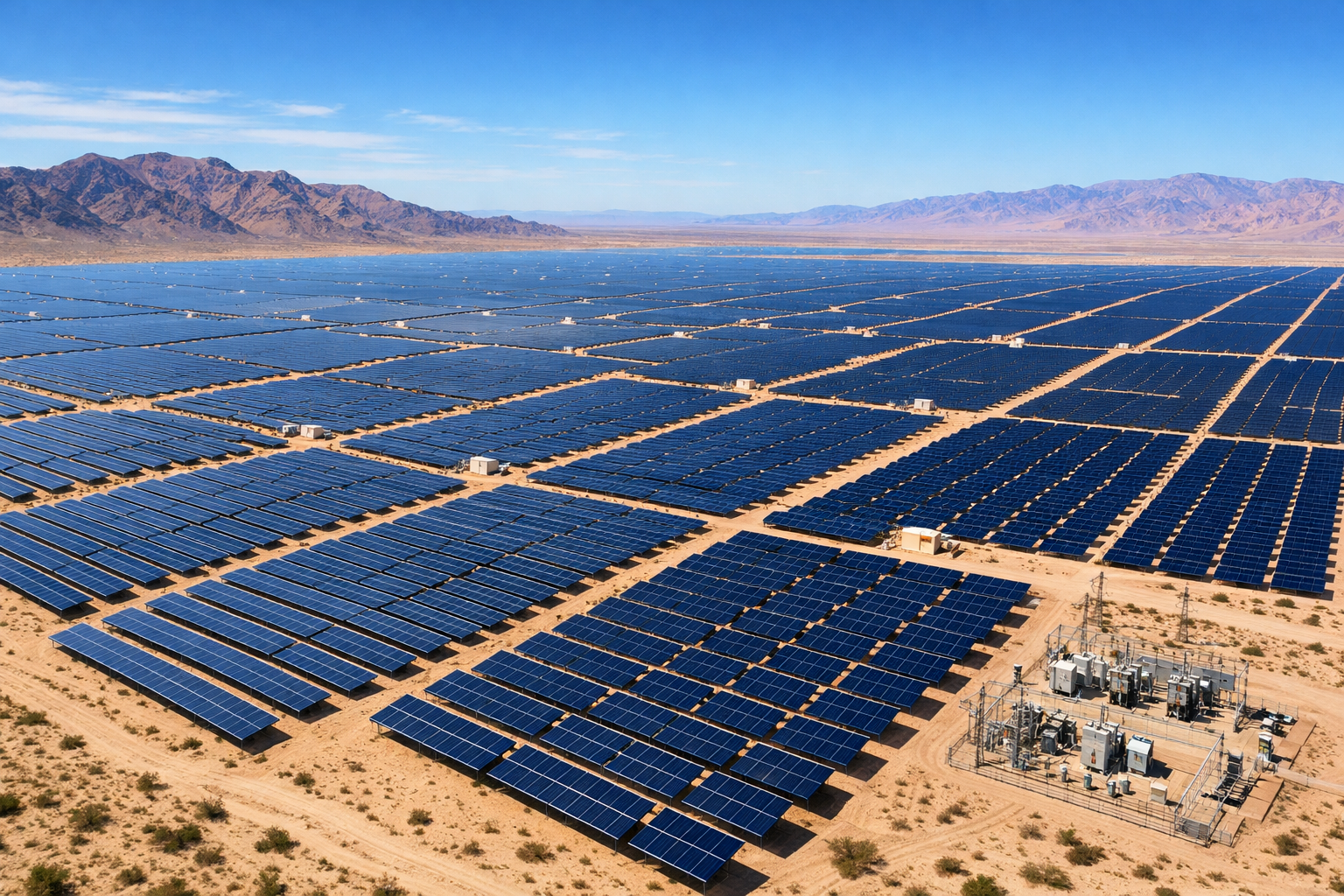 Immense champ de panneaux solaires illustrant la capacité énergétique nécessaire pour l'avenir