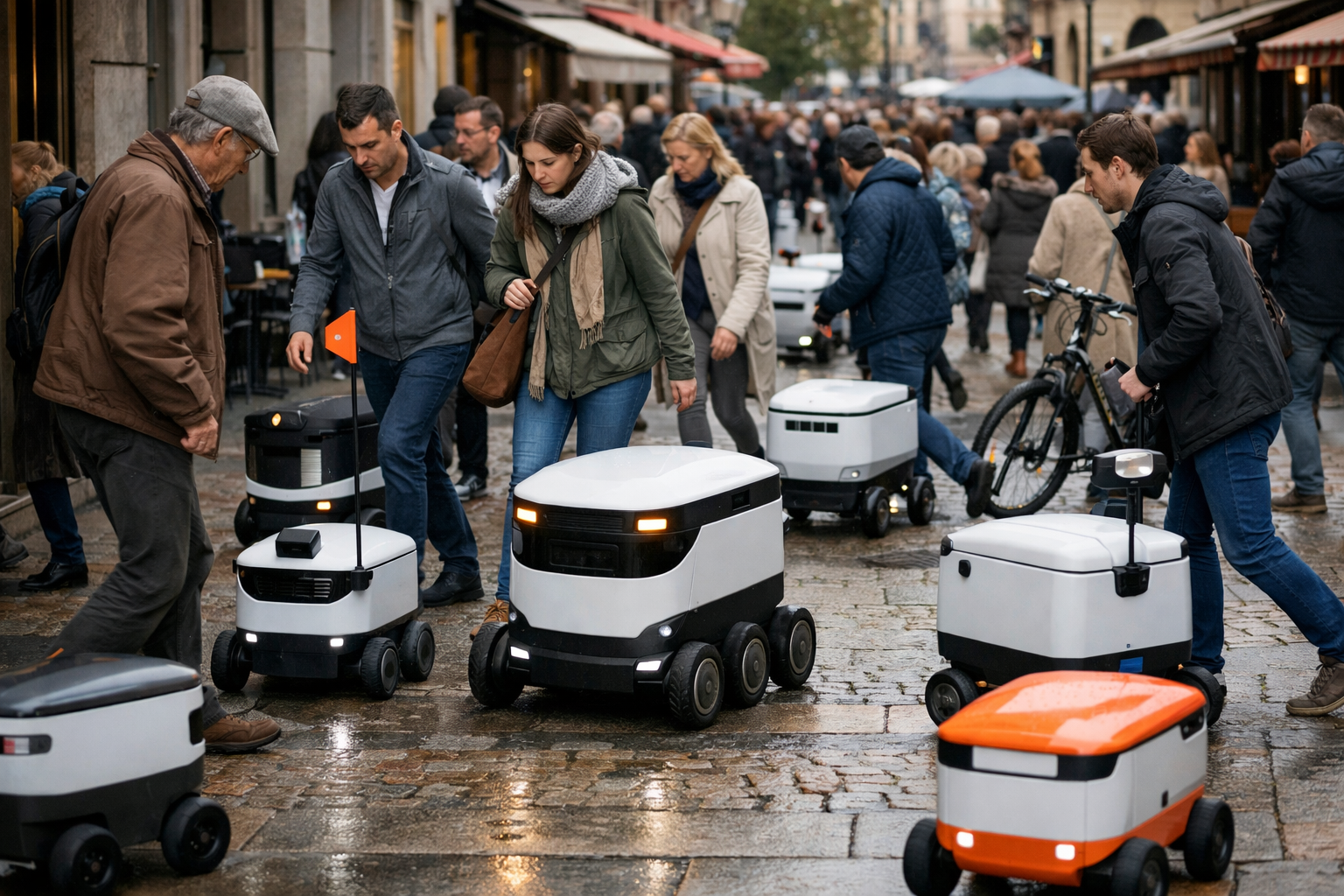 Trottoir européen encombré de robots de livraison parmi les piétons