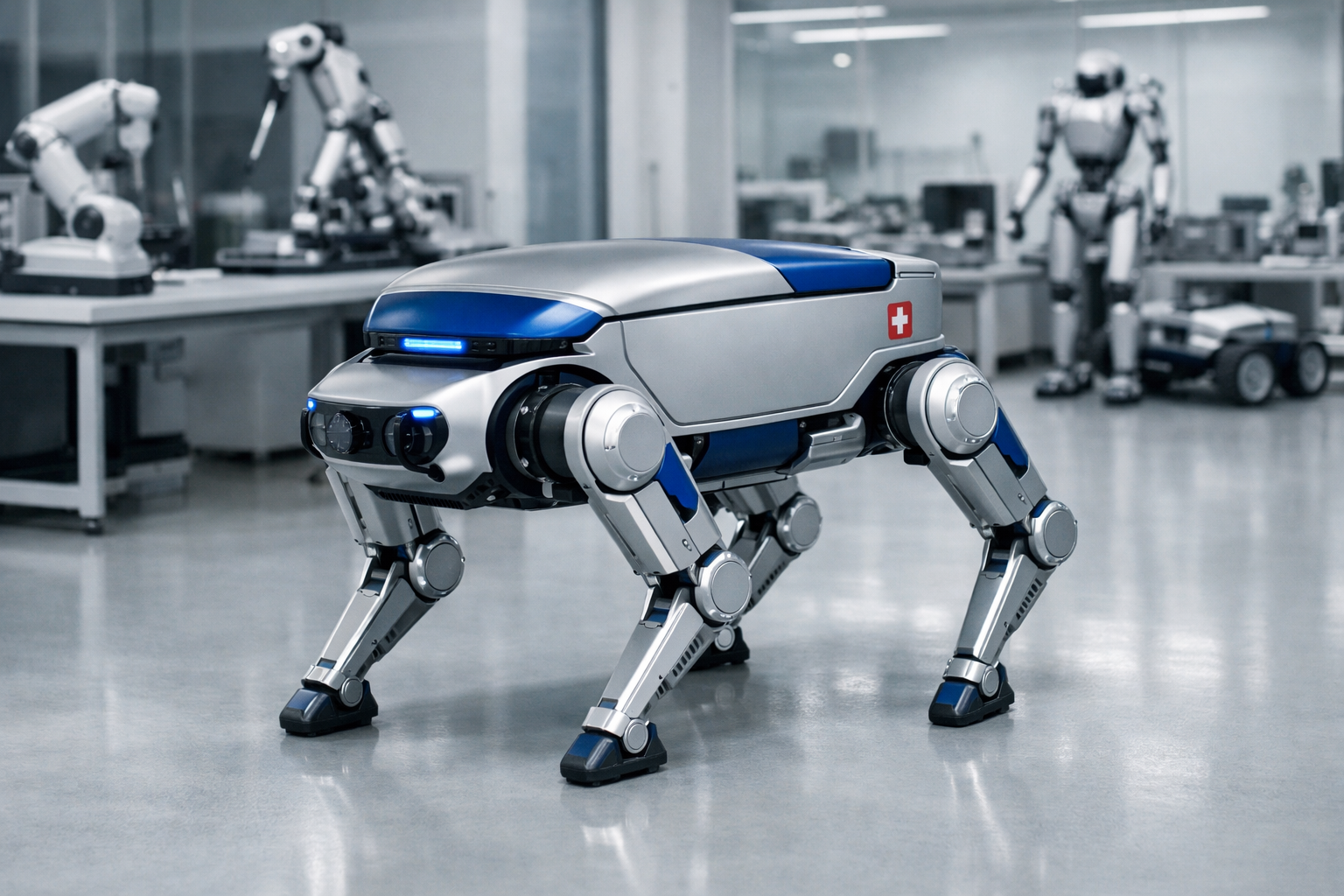 Robot-chien RIVR dans un laboratoire de robotique suisse