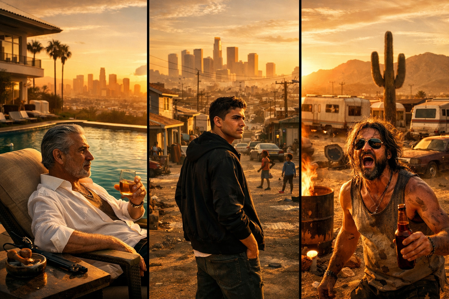 Trois personnages distincts représentant différents modes de vie à Los Santos