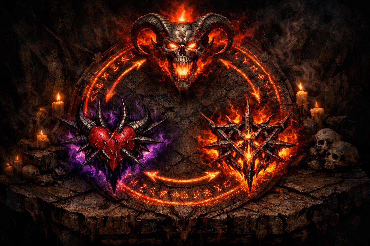 Trois symboles démoniaques disposés en cycle, représentant Terreur, Haine et Destruction