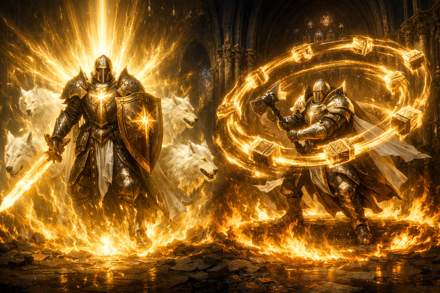 Paladin Auradin entouré de lumière sacrée et Hammerdin lançant ses marteaux