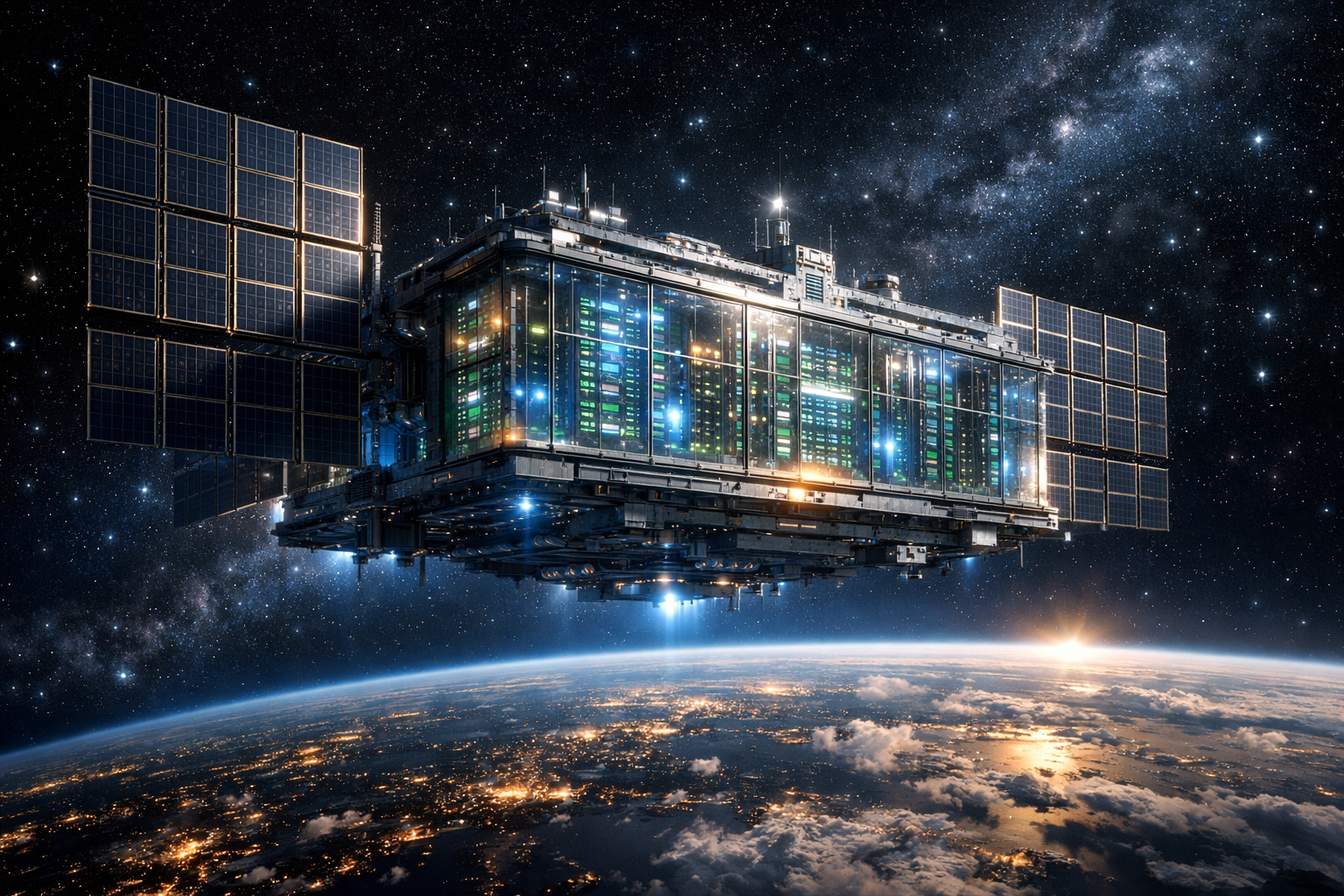 Data center futuriste en orbite autour de la Terre avec panneaux solaires