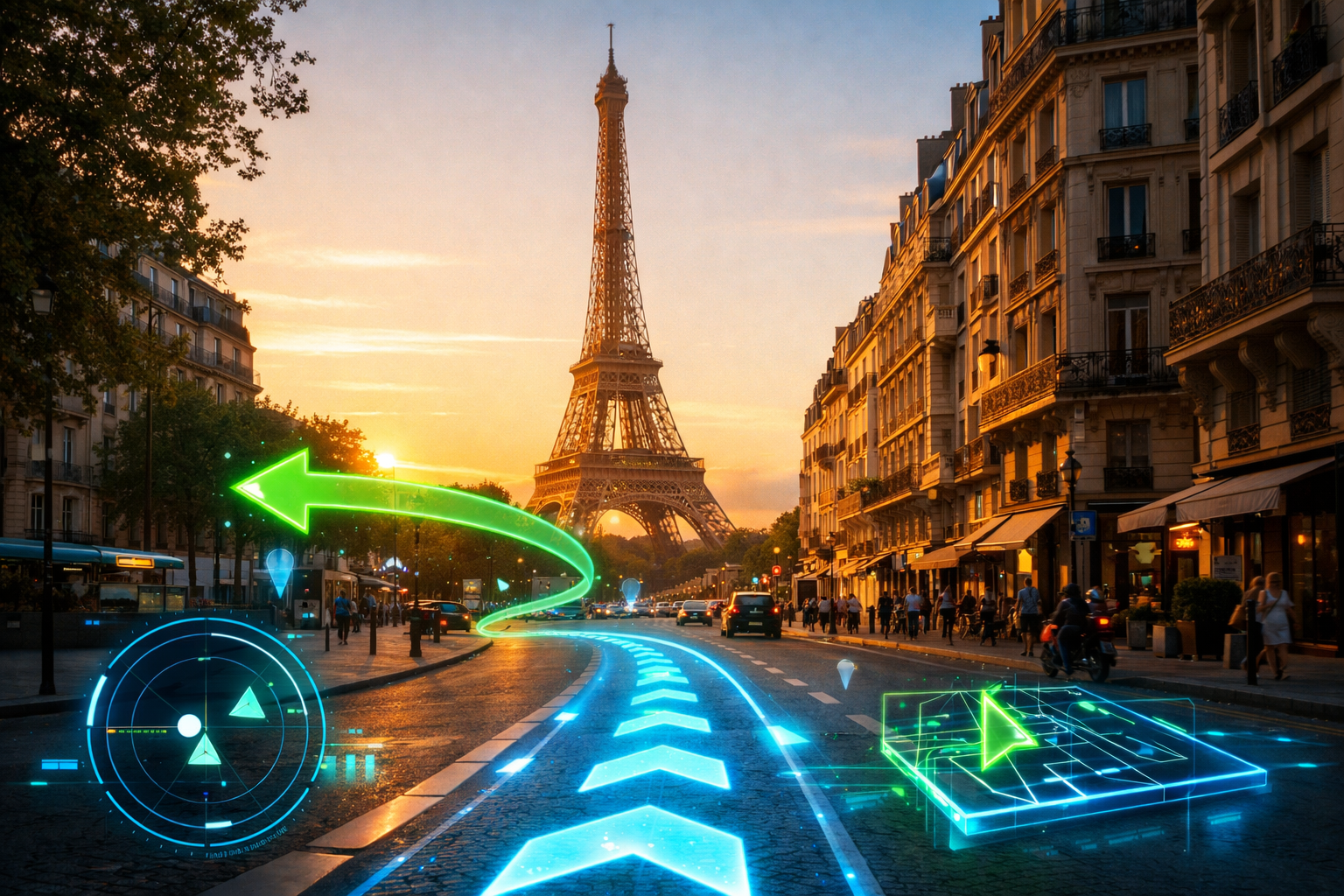 Paris et la Tour Eiffel vus à travers une interface de navigation en réalité augmentée