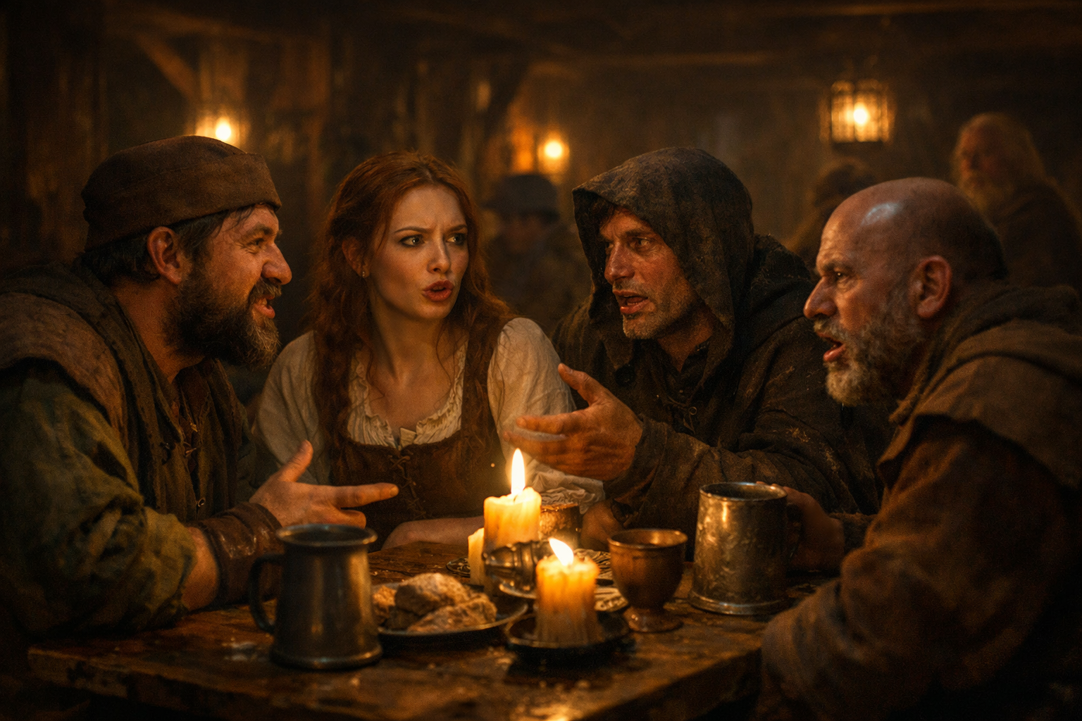 Intérieur de taverne médiévale avec des personnages en conversation, ambiance légèrement irréelle