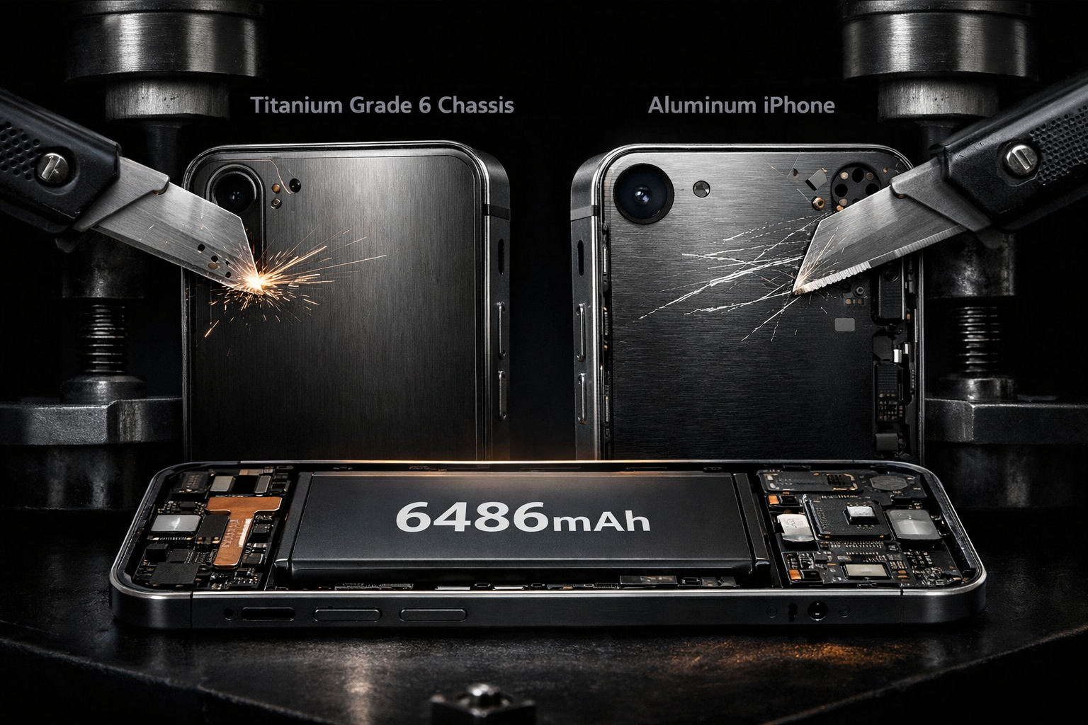 Châssis en titane grade 6 du Tesla Piphone, comparé à l'aluminium de l'iPhone