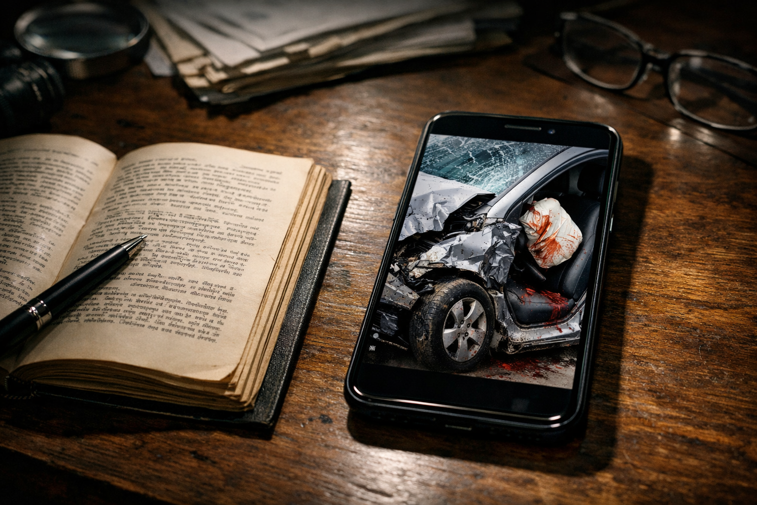 Livre et smartphone montrant une fausse photo de dommages générée par IA — fraude consommateur