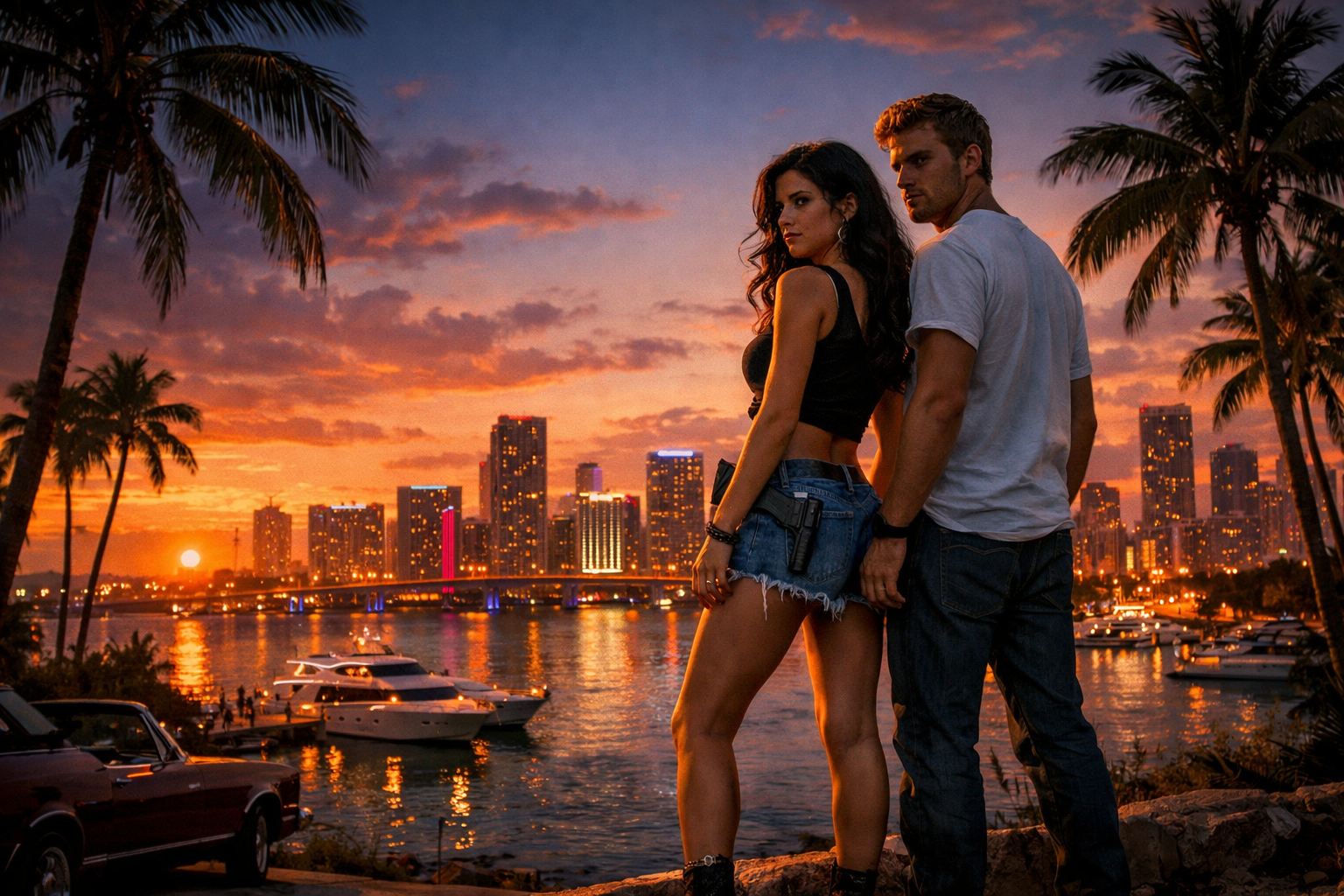 Couple rebelle surplombant une ville côtière tropicale au coucher du soleil