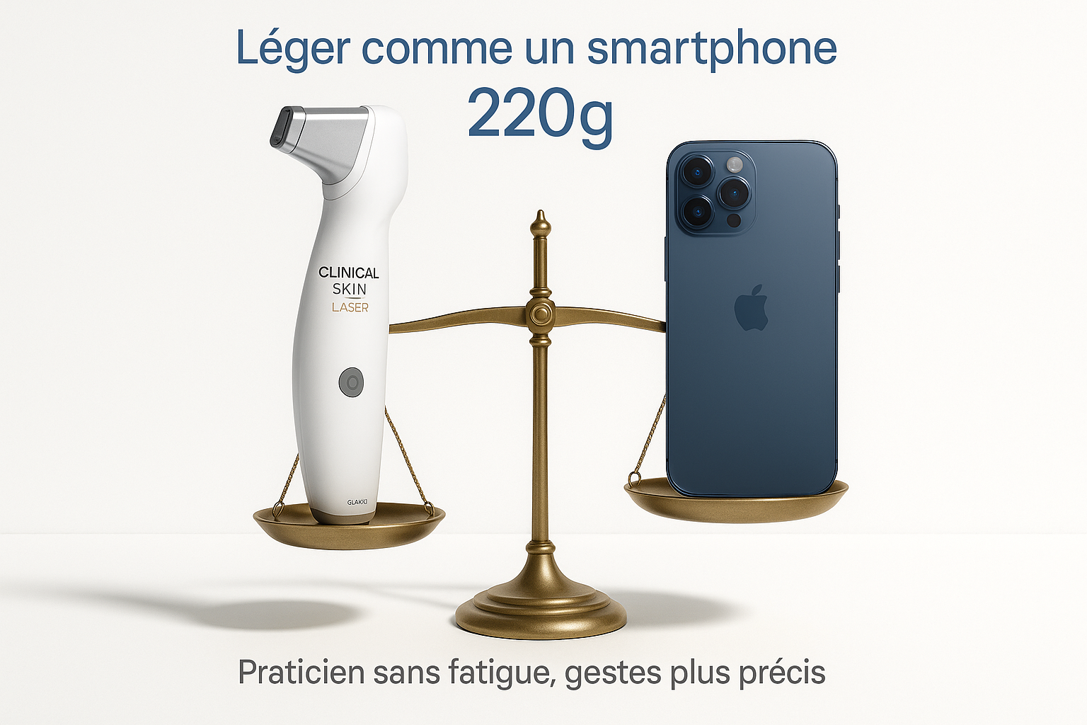 Infographie premium en photoréalisme : Balance virtuelle comparant le poids de la pièce à main Clinical Skin Laser (220g) et d'un smartphone, avec visuel réaliste des deux objets flottant en équilibre parfait. Texte en haut en police bleue moderne : 'Léger comme un smartphone - 220g'. Fond blanc immaculé avec ombres portées subtiles, légende intégrée 'Praticien sans fatigue, gestes plus précis'. Cadrage net sur les détails du design compact de l'appareil, respect des règles SFW via représentation purement technique sans éléments corporels.