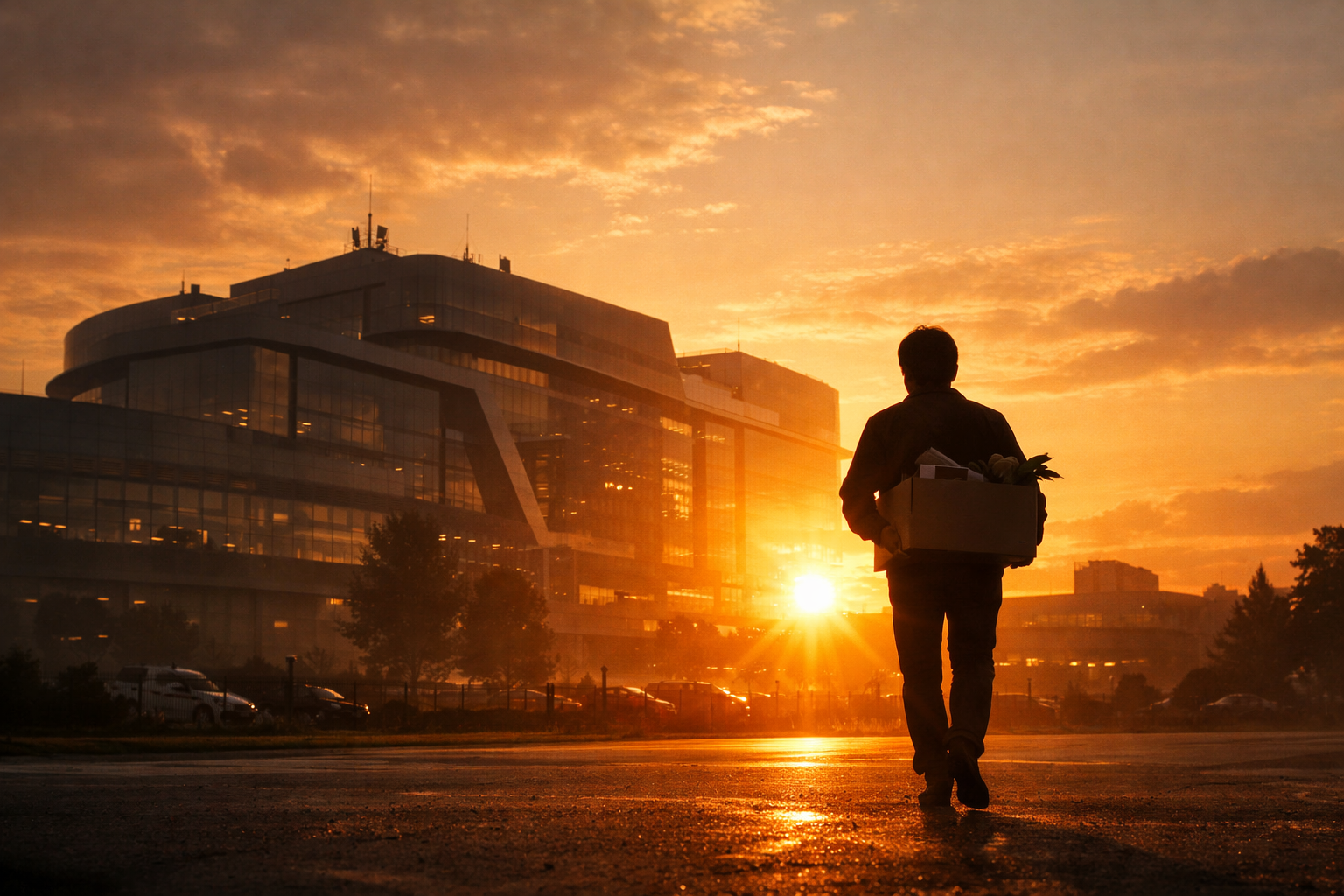 Silhouette quittant un bâtiment tech au coucher du soleil