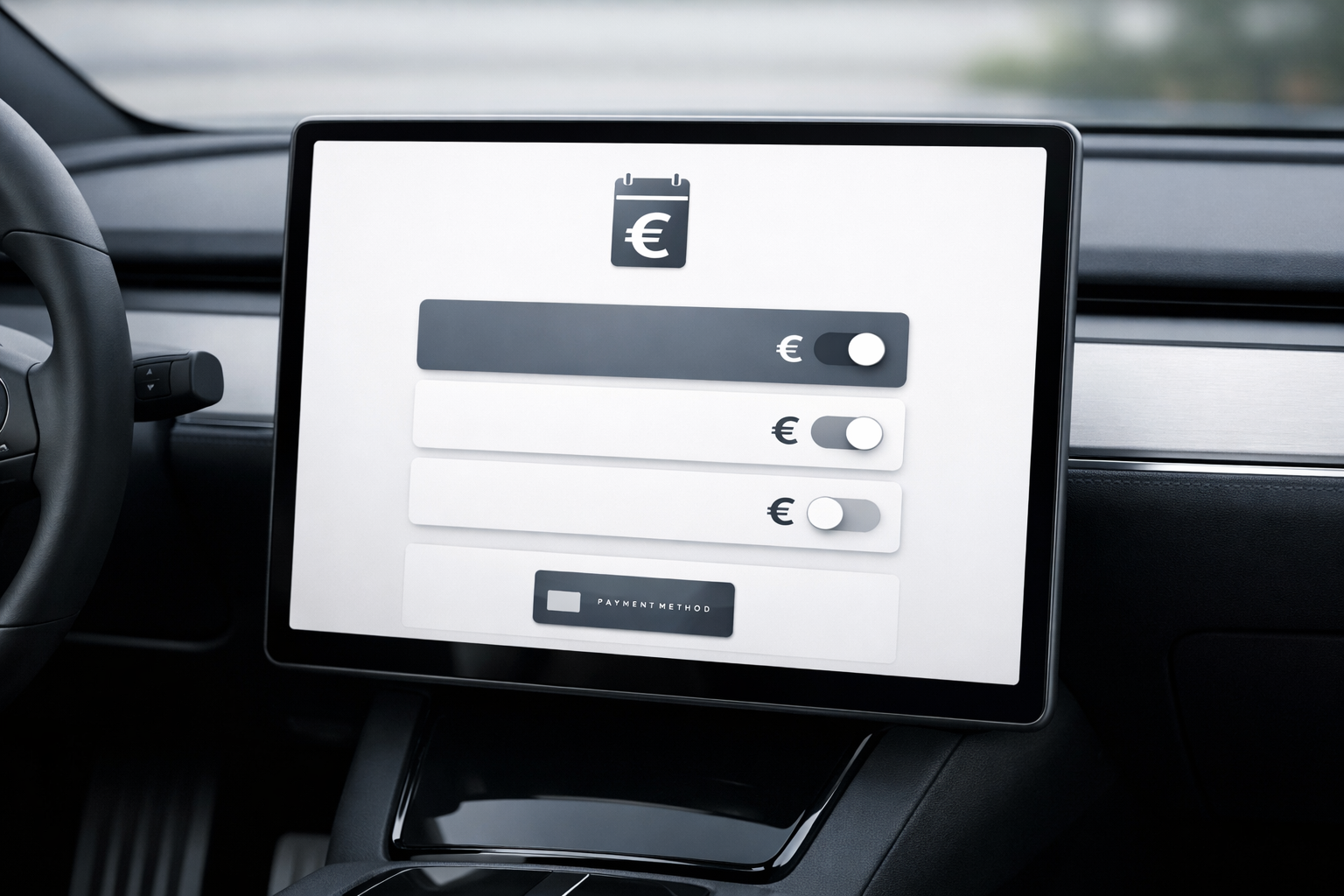 Tesla center console displaying a Tesla FSD monthly subscription screen