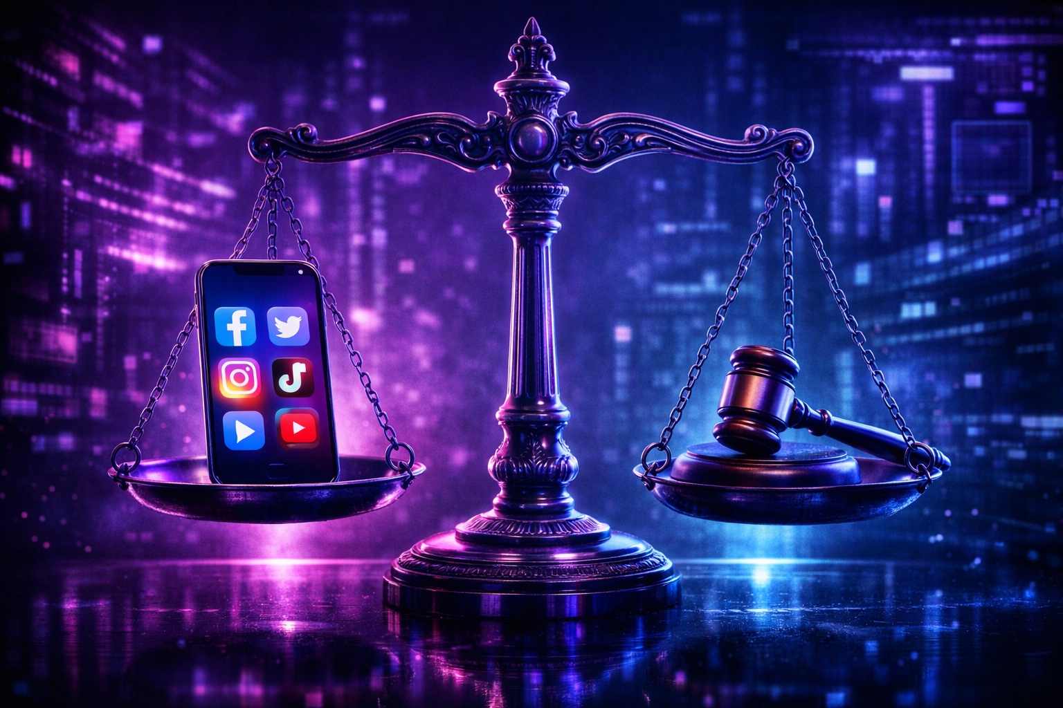 Balance de la justice dans un environnement numérique symbolisant présomption d'innocence contre justice des réseaux sociaux