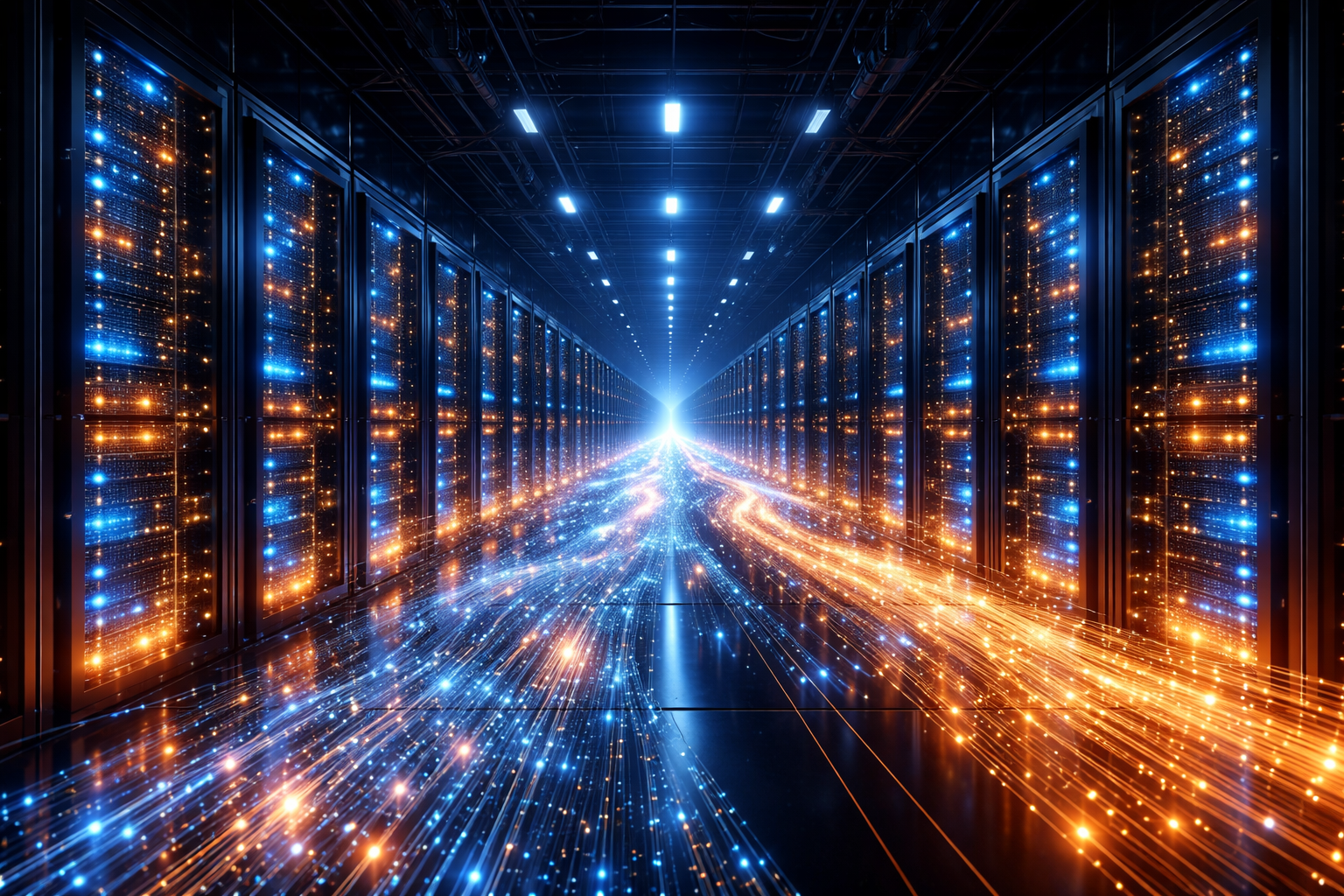 Ferme de serveurs GPU représentant l'entraînement massif des LLM