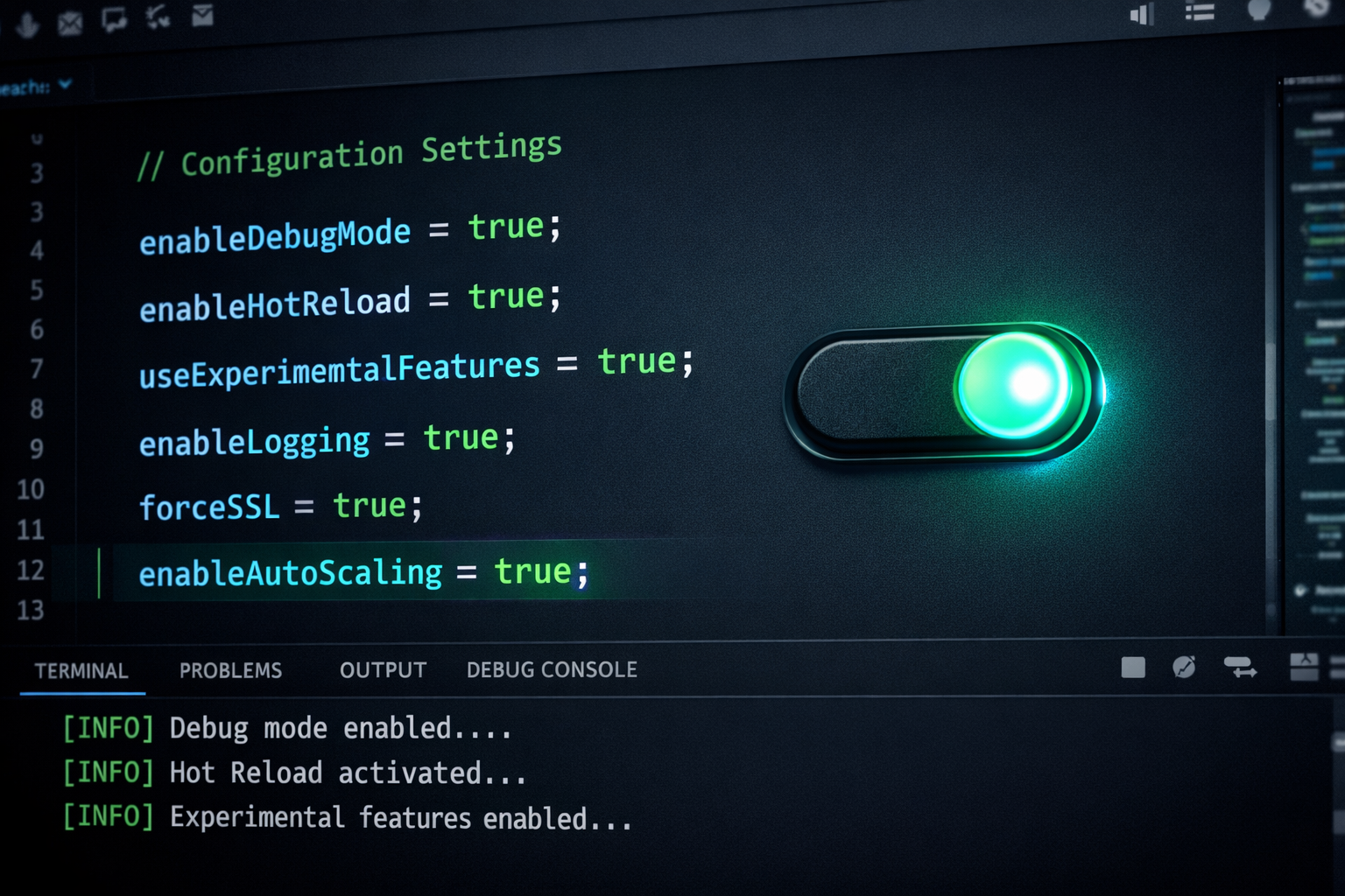 Terminal de développeur montrant l'activation d'une variable d'environnement dans un fichier de configuration
