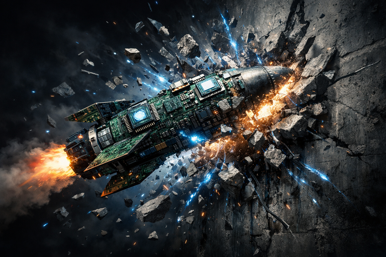 Fusée technologique s'écrasant, symbole de la précipitation avec l'IA