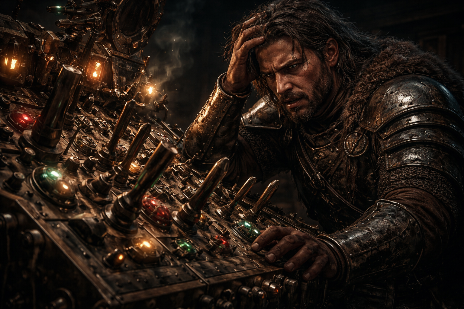 Guerrier frustré face à un mécanisme de contrôle trop complexe