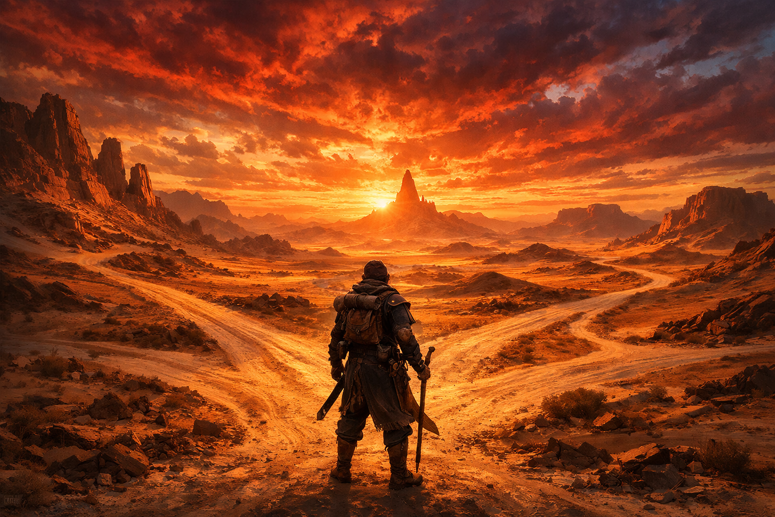 Aventurier solitaire à un carrefour dans un vaste désert avec un coucher de soleil cramoisi