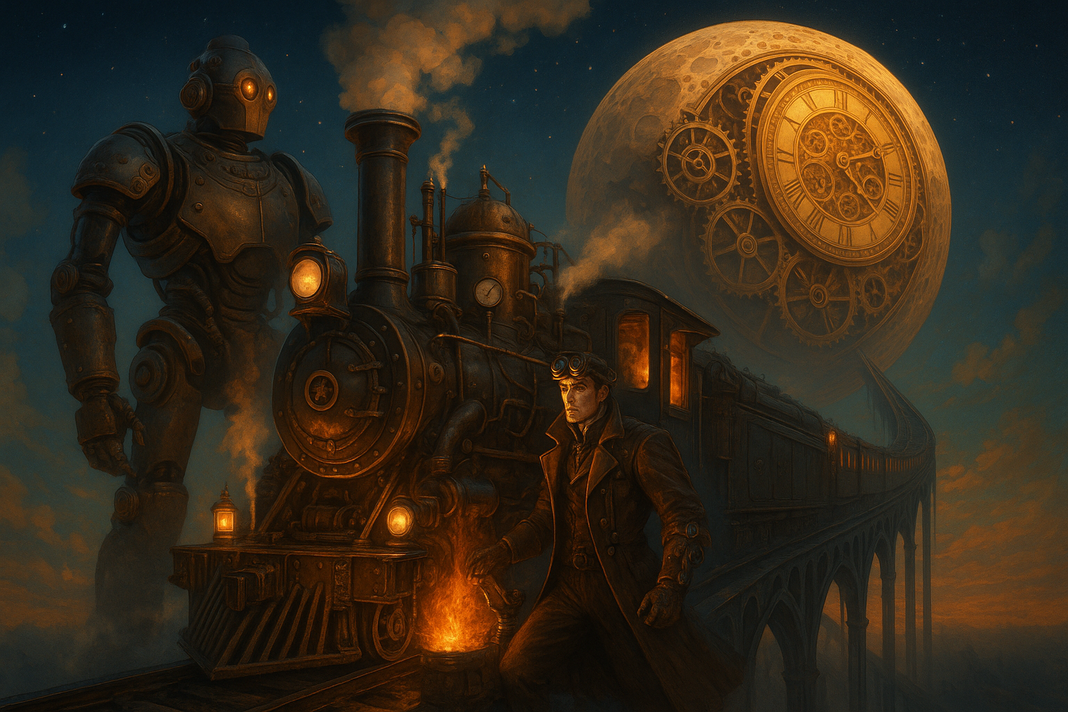 A man drives a very old train to the moon, with a steam-powered robot alongside him. CVY.AI
