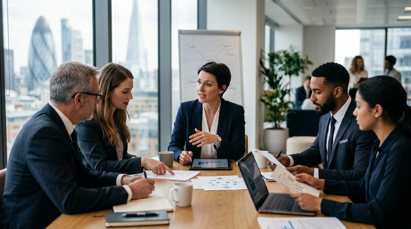 financial services team discussing financial strategies
