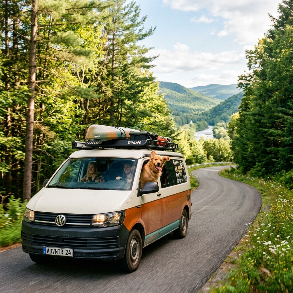 Camper met hond onderweg naar een natuurrijke bestemming