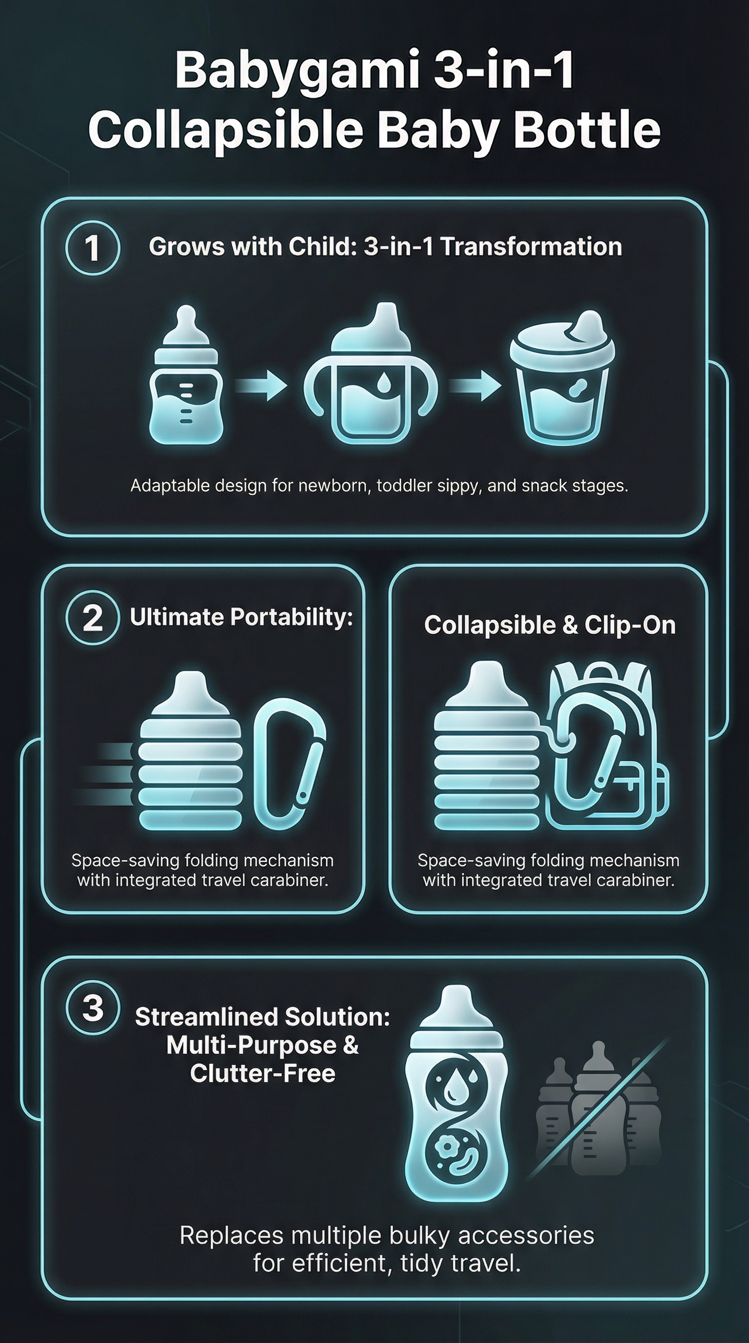 Babygami 3-in-1 Collapsible Baby Bottle - Infographic