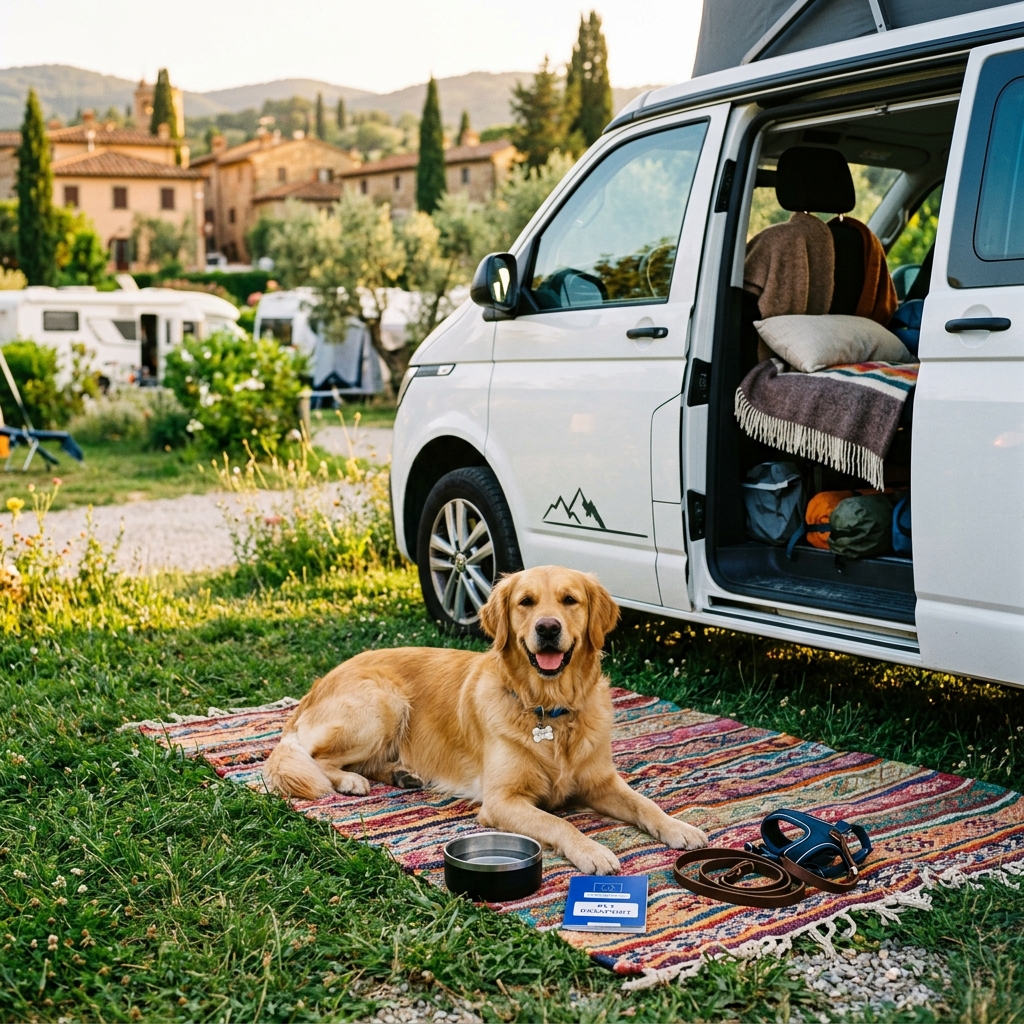 Hond ontspannen voor camper op Europese camping