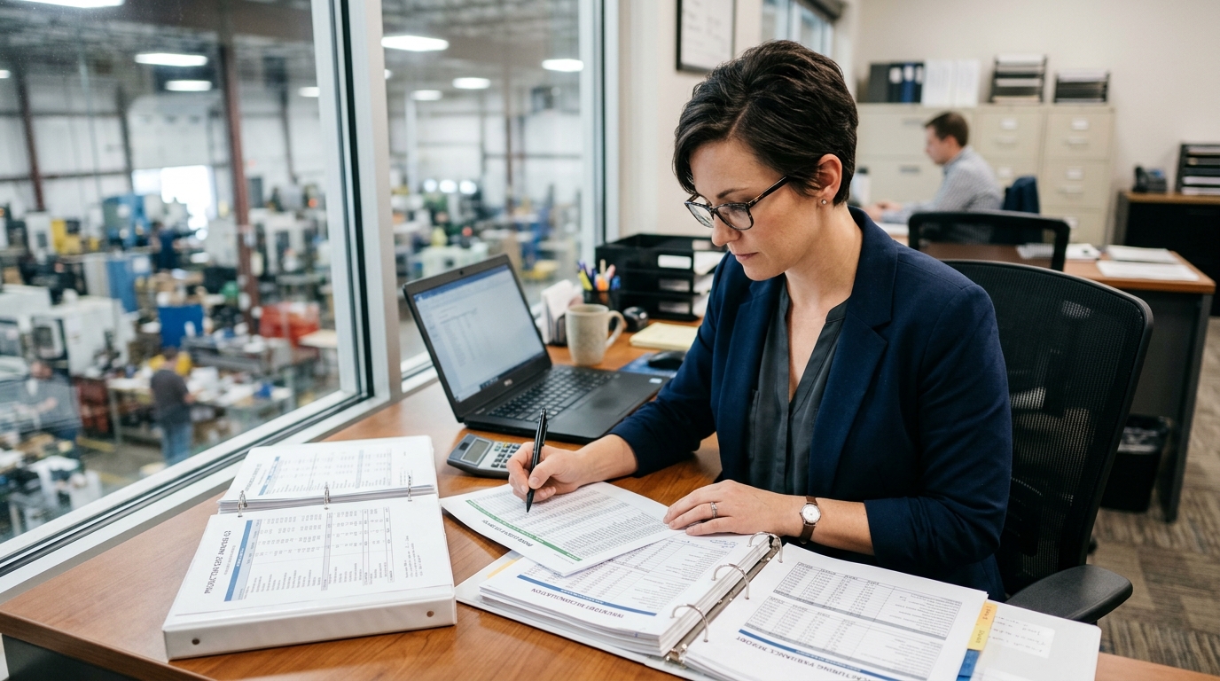 manufacturing accountant reviewing reports