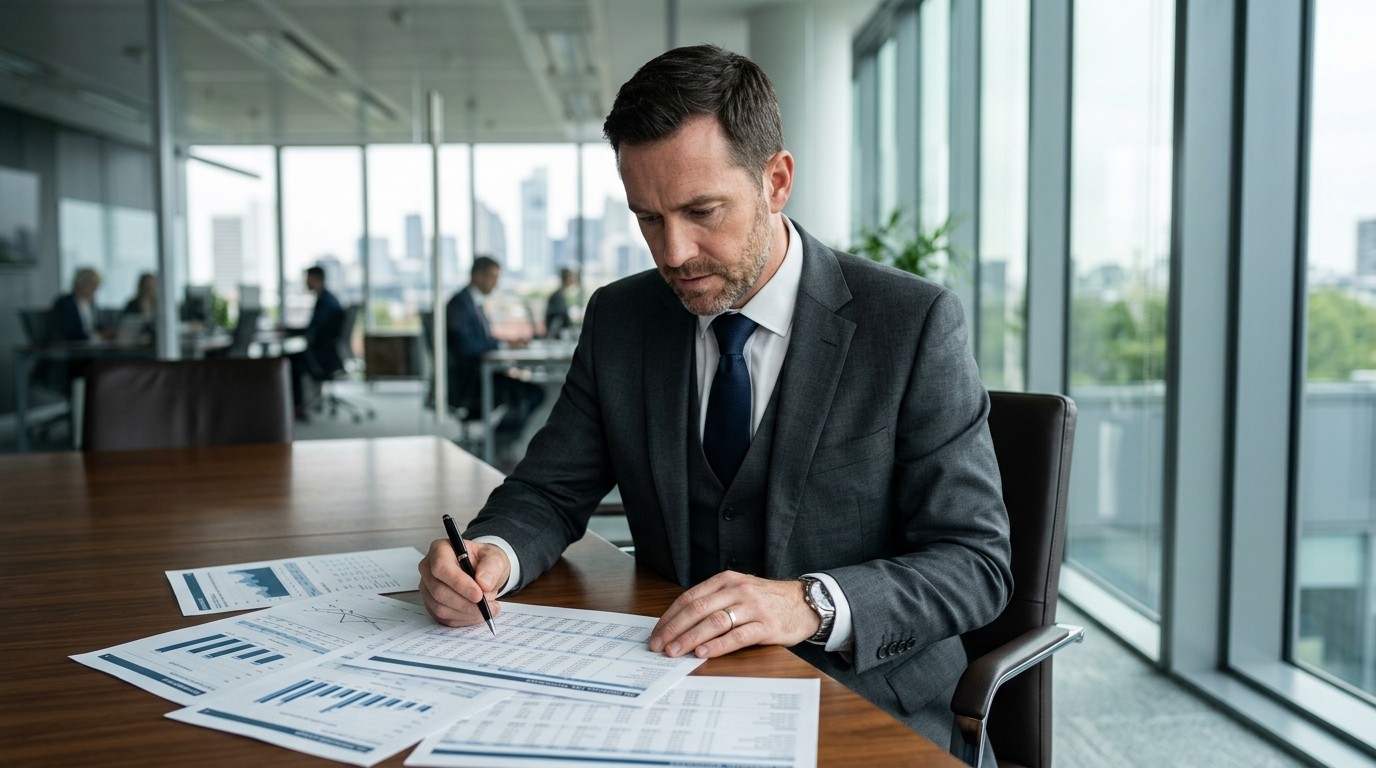 businessman analyzing financial reports