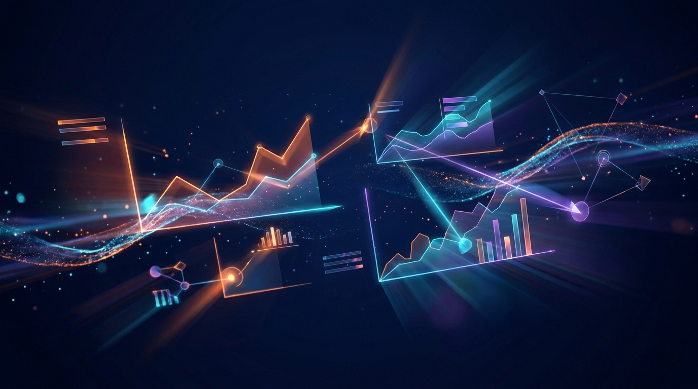 Representação abstrata de gráficos de desempenho de SEO em um painel digital