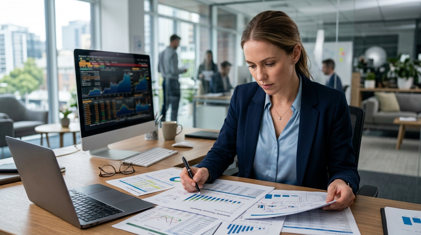 financial analyst reviewing reports