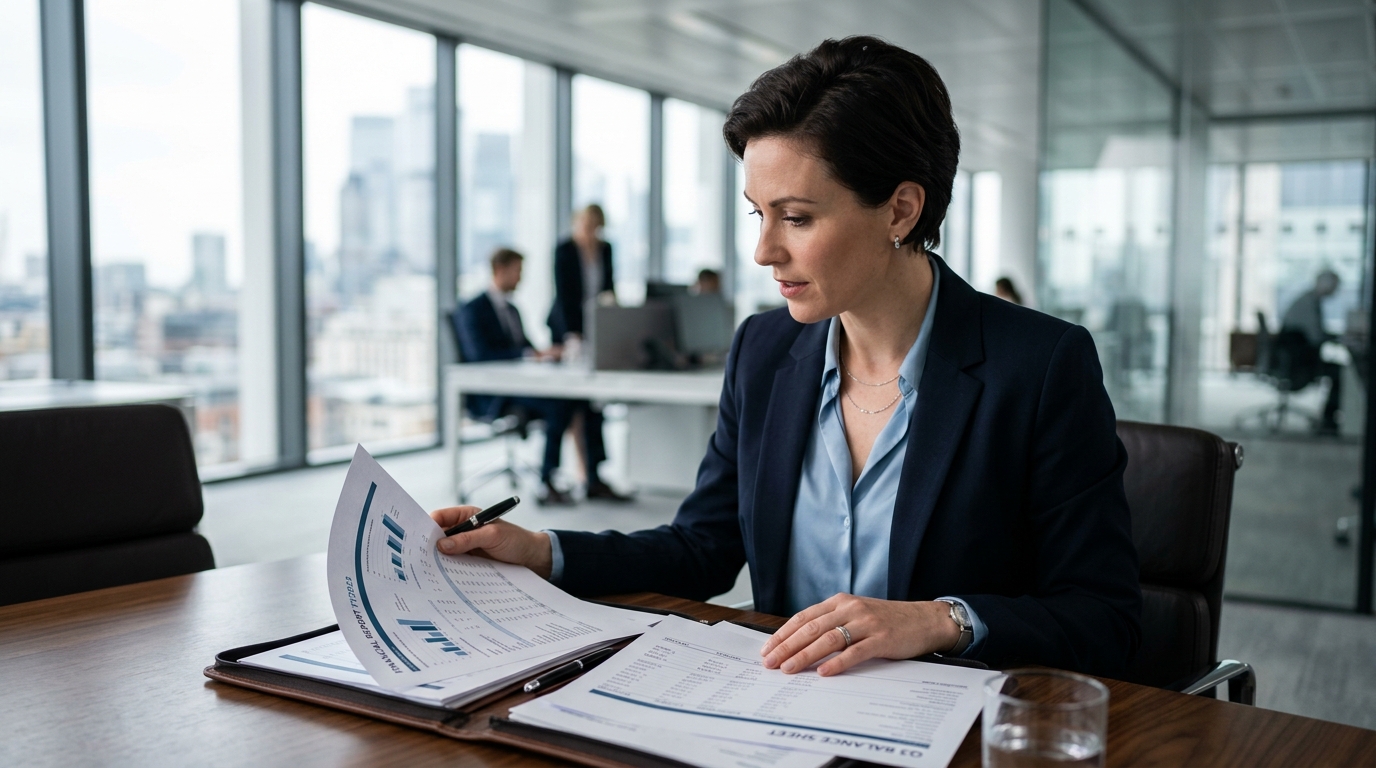 business consultant reviewing financial statements