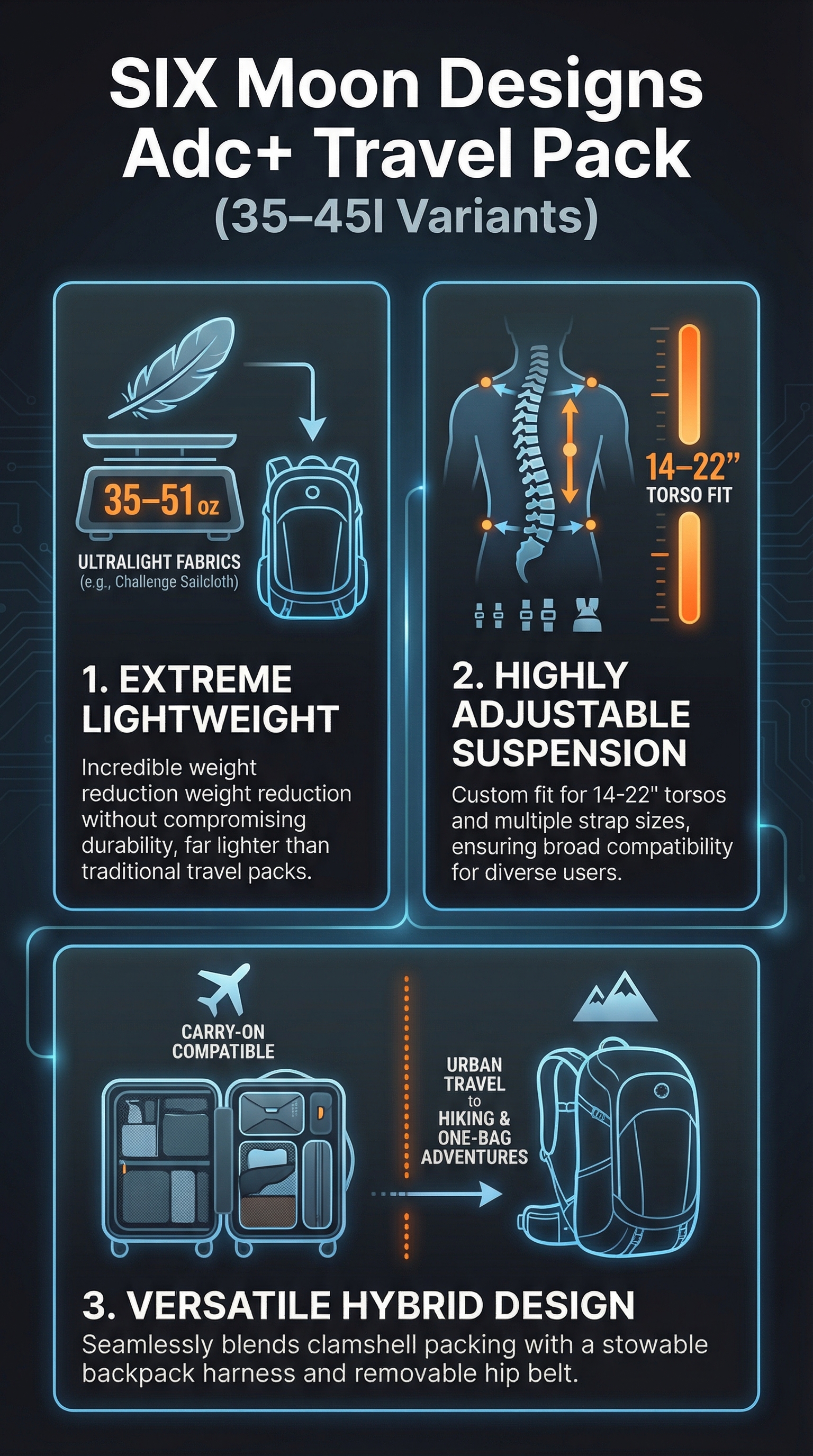 SIX Moon Designs Adc+ Travel Pack (35–45l Variants) - Infographic