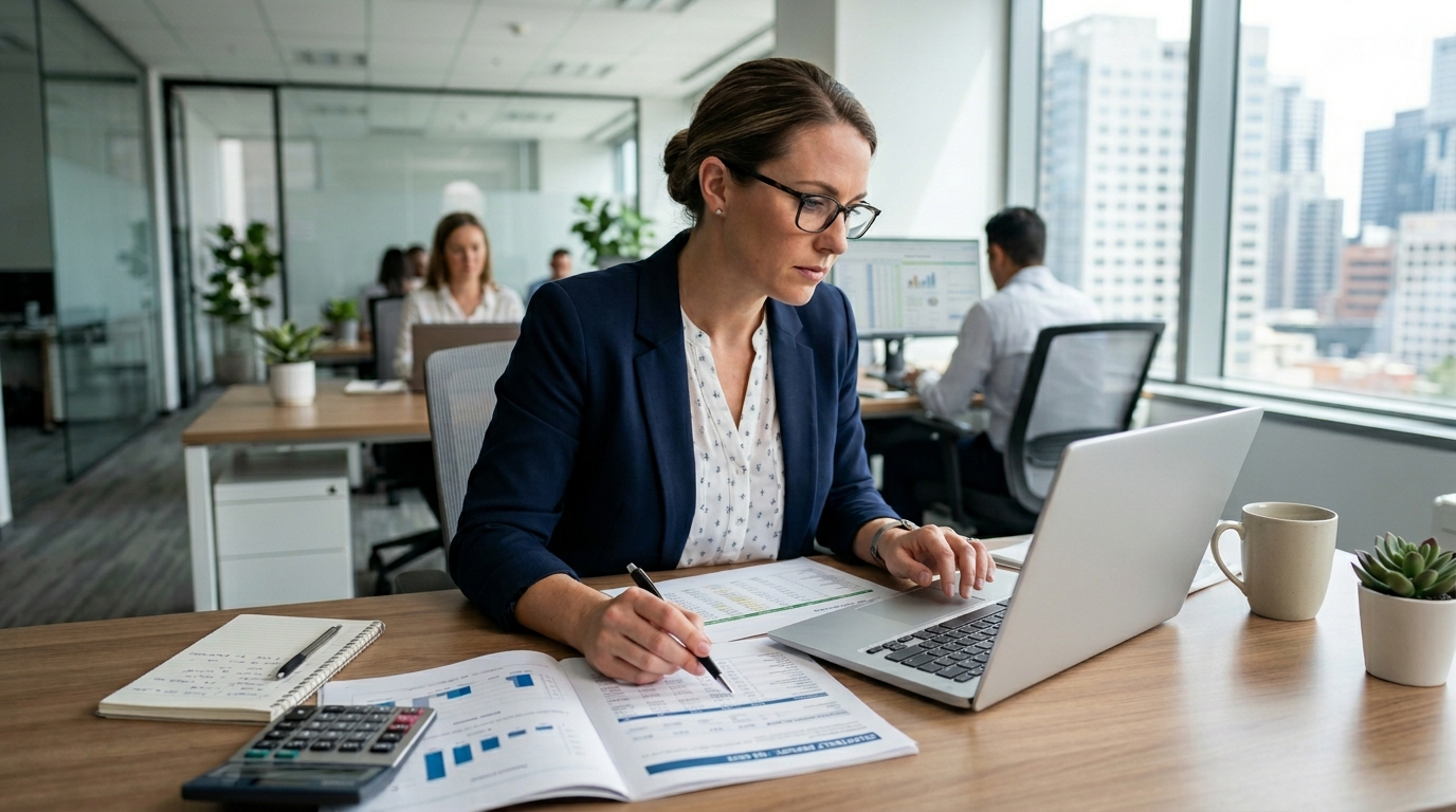 accountant reviewing financial reports on laptop