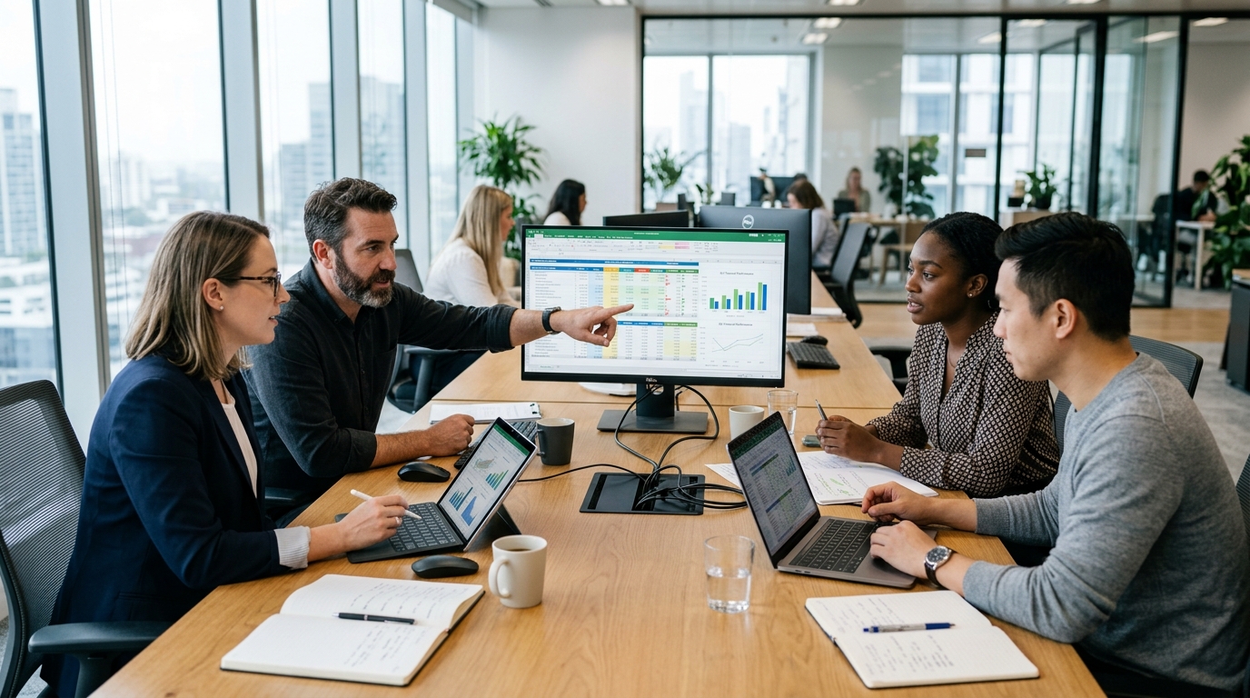 team collaborating online on financial reports