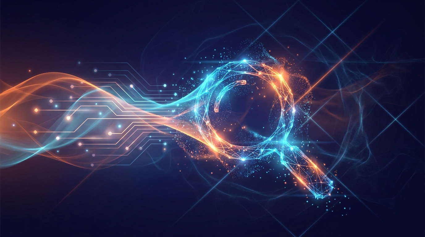 Representação abstrata de inteligência artificial analisando resultados de busca