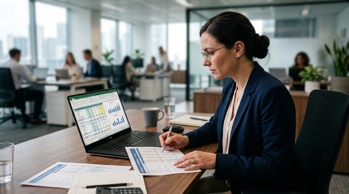 accountant reviewing financial reports on laptop